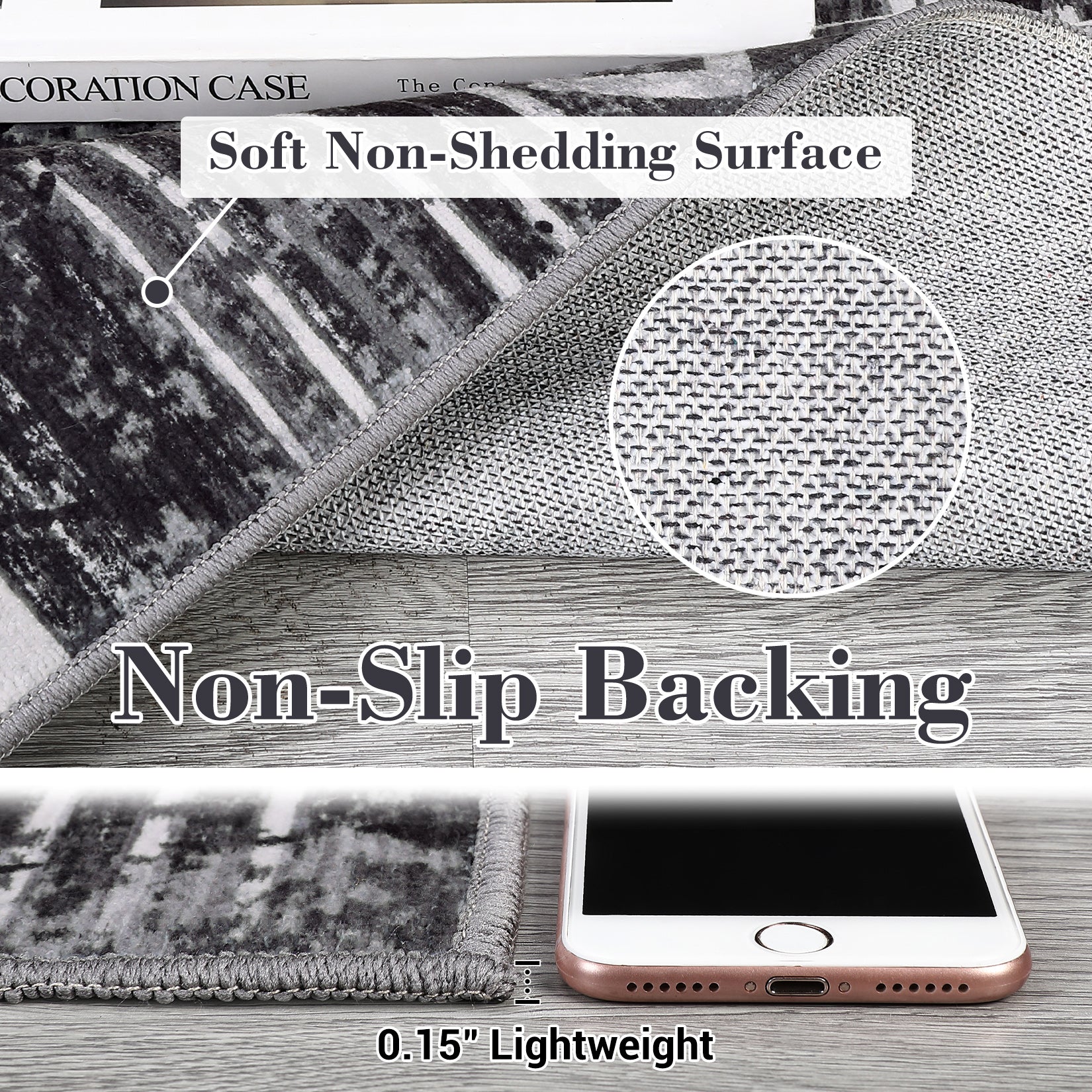 Garvee Boho Black-Grey 9x12 Washable Living Room Rugs, Geometric Marble Boho Area Rugs for Bedroom Ultra Thin Non-Slip Large Indoor Rugs Floor Carpet for Dining Room