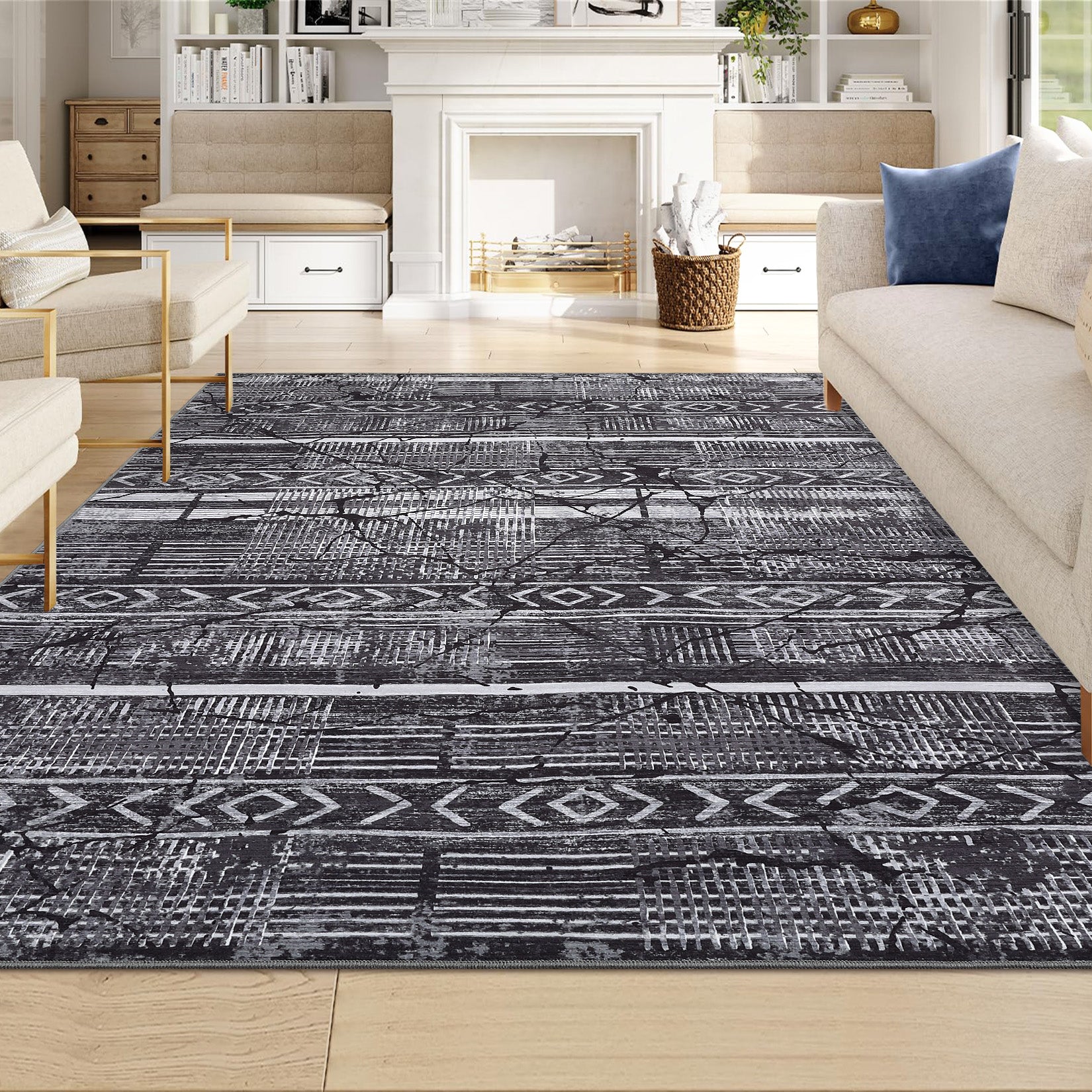 Garvee Boho Black-Grey 9x12 Washable Living Room Rugs, Geometric Marble Boho Area Rugs for Bedroom Ultra Thin Non-Slip Large Indoor Rugs Floor Carpet for Dining Room