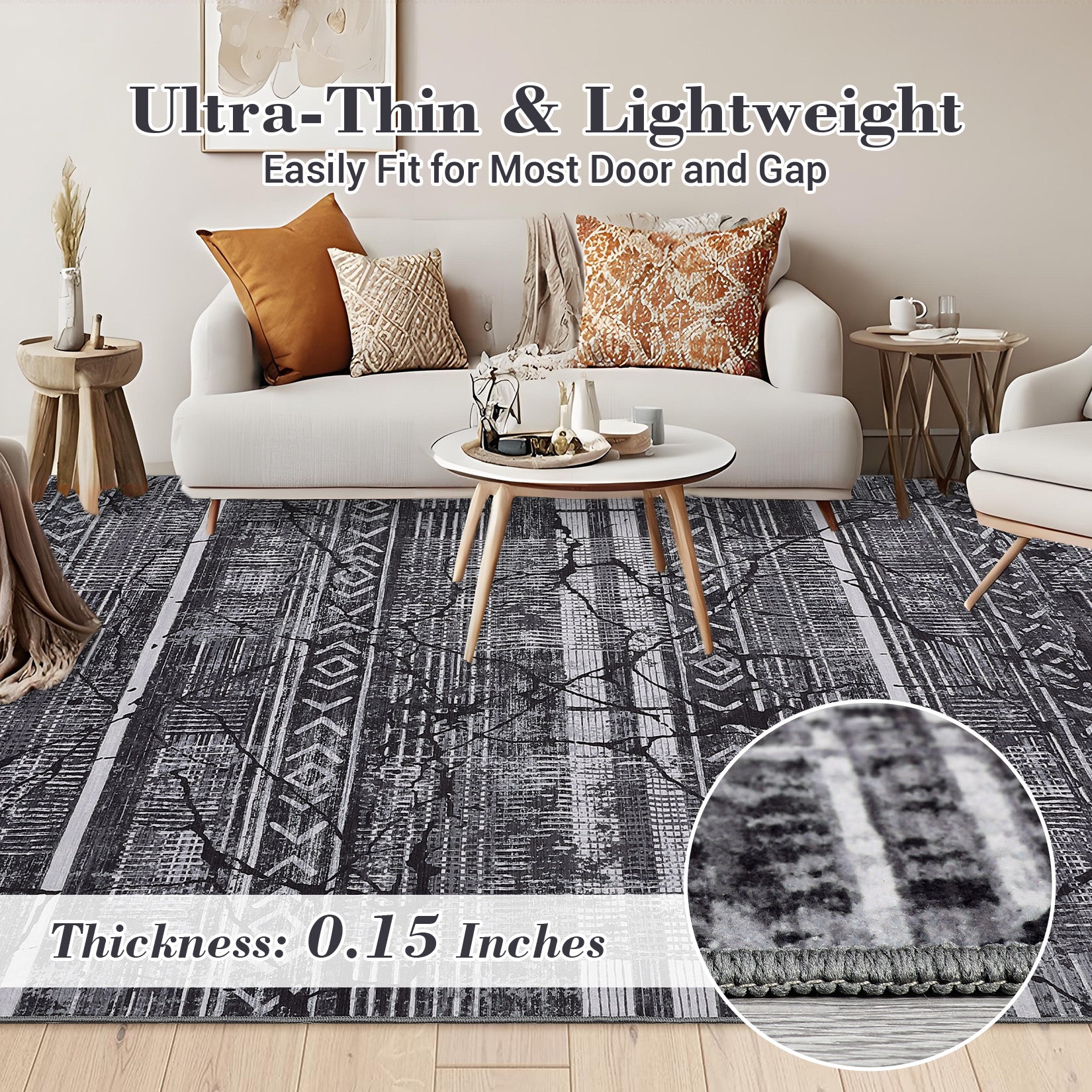Garvee Boho Black-Grey 9x12 Washable Living Room Rugs, Geometric Marble Boho Area Rugs for Bedroom Ultra Thin Non-Slip Large Indoor Rugs Floor Carpet for Dining Room