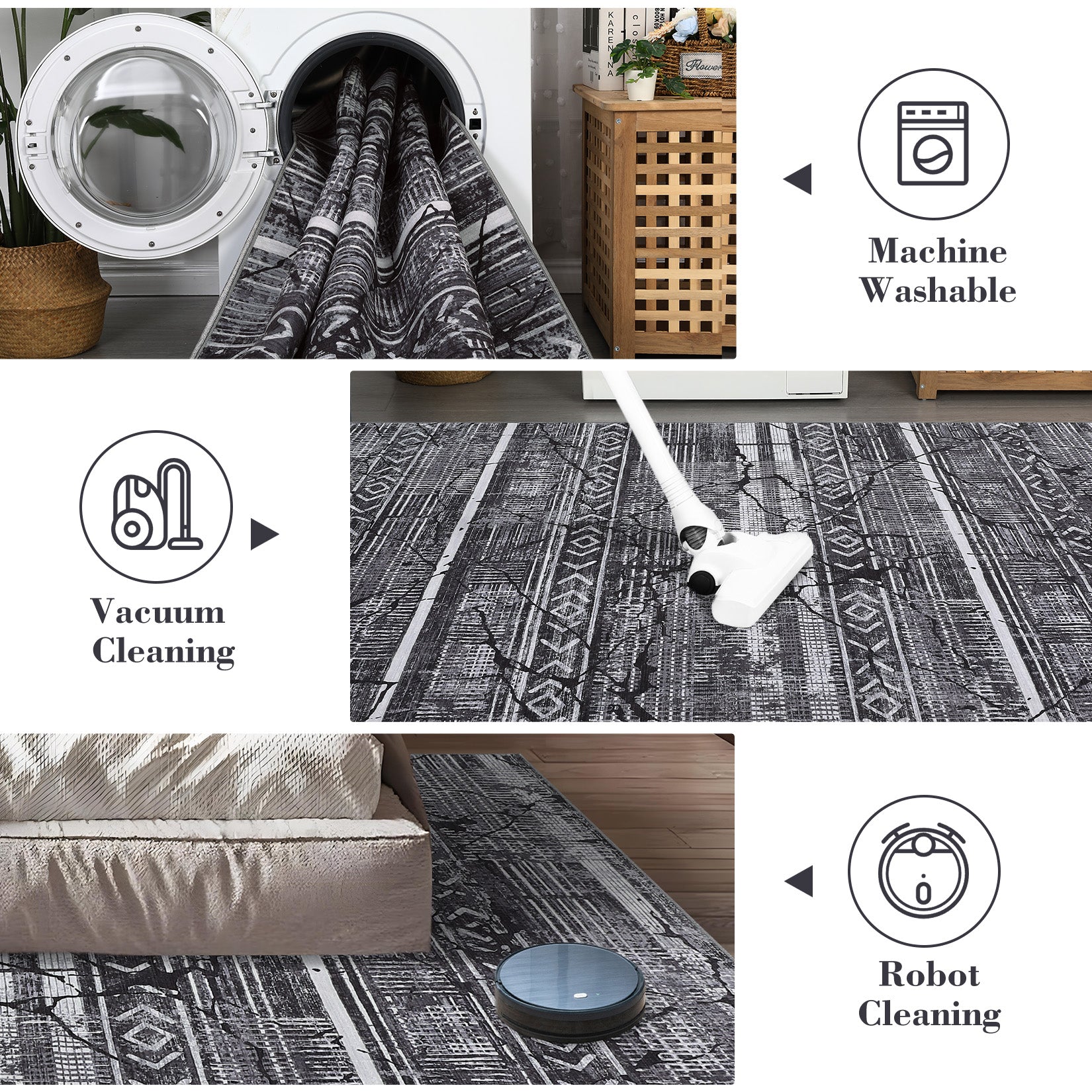 Garvee Boho Black-Grey 9x12 Washable Living Room Rugs, Geometric Marble Boho Area Rugs for Bedroom Ultra Thin Non-Slip Large Indoor Rugs Floor Carpet for Dining Room