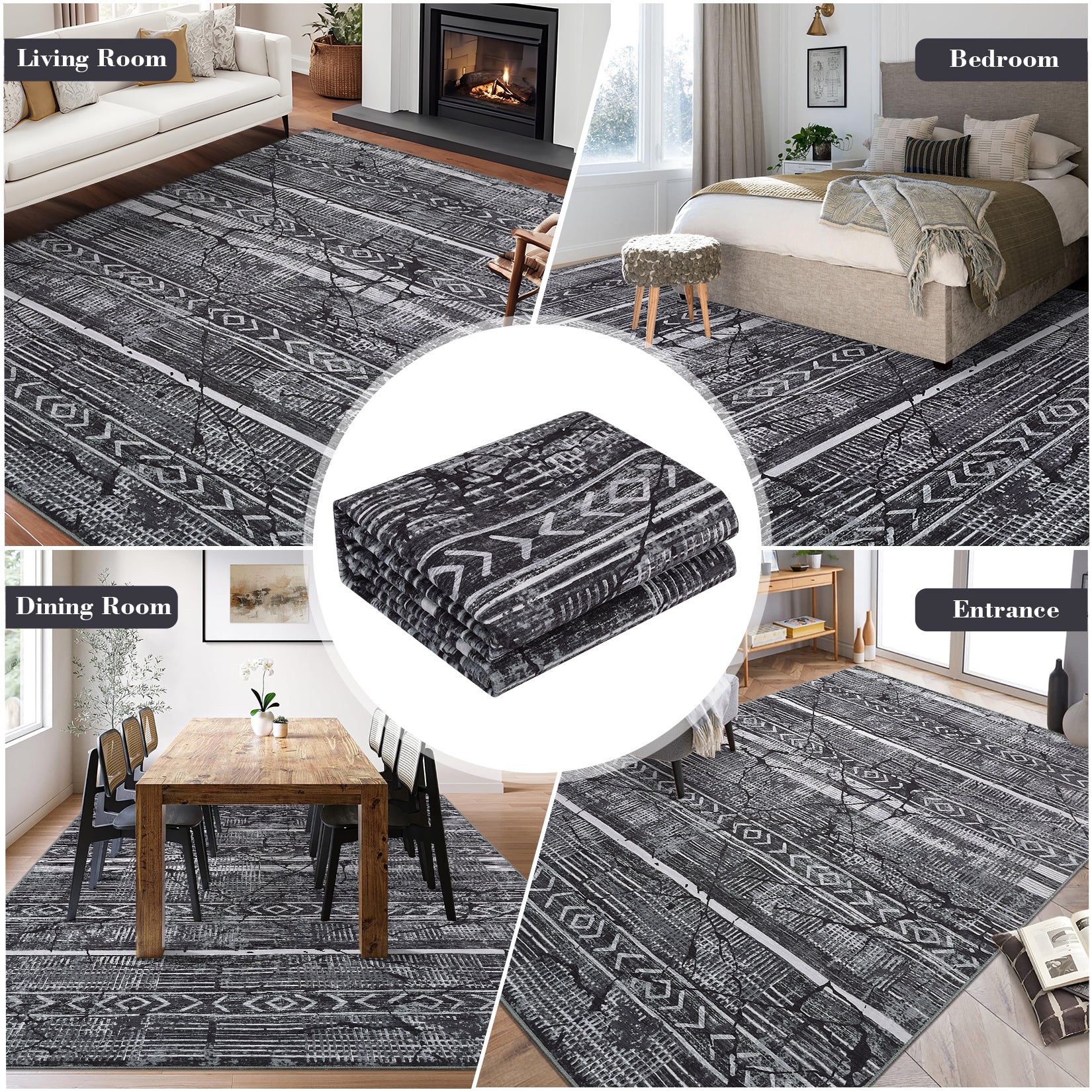 Garvee Boho Black-Grey 9x12 Washable Living Room Rugs, Geometric Marble Boho Area Rugs for Bedroom Ultra Thin Non-Slip Large Indoor Rugs Floor Carpet for Dining Room
