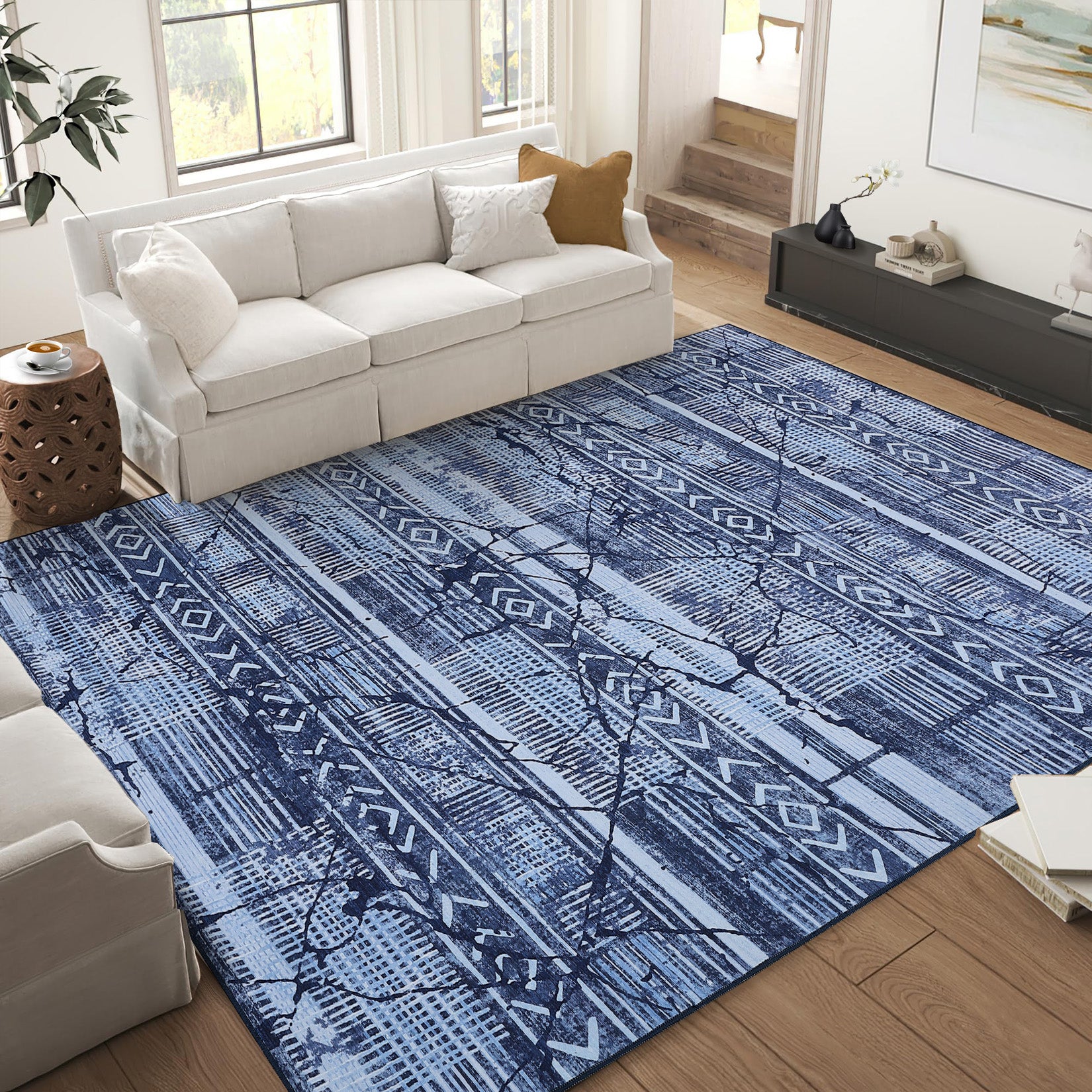 Garvee Boho Navy Blue 10x13 Large Living Room Rugs, Geometric Marble Boho Area Rugs for Bedroom Ultra Thin Non-Slip Washable Indoor Rugs Floor Carpet for Dining Room