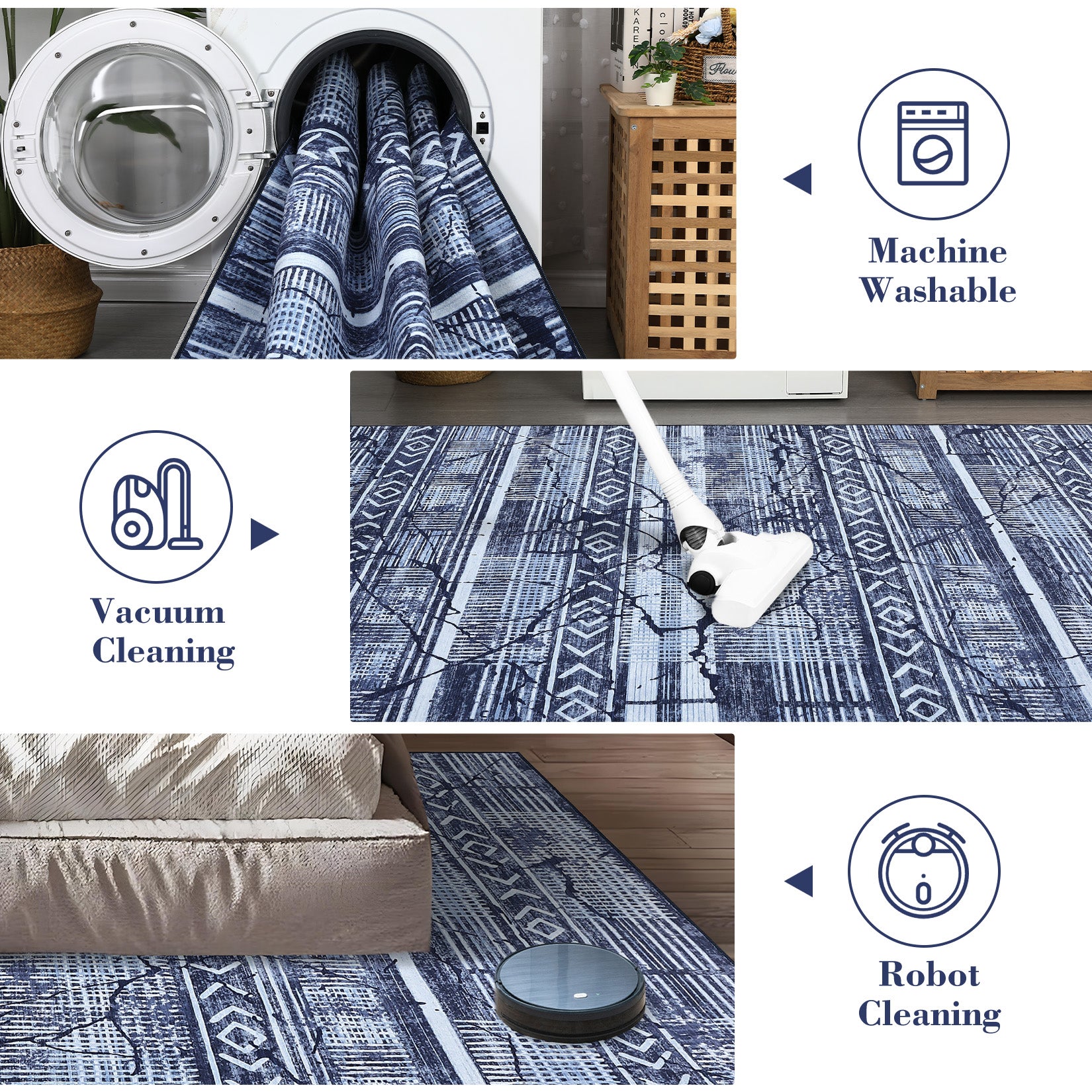 Garvee Boho Navy Blue 10x13 Large Living Room Rugs, Geometric Marble Boho Area Rugs for Bedroom Ultra Thin Non-Slip Washable Indoor Rugs Floor Carpet for Dining Room