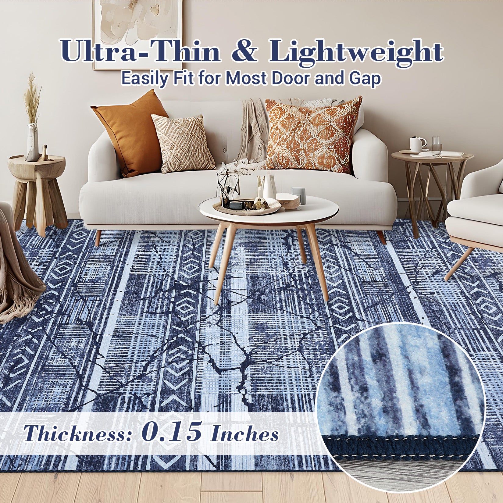 Garvee Boho Navy Blue 10x13 Large Living Room Rugs, Geometric Marble Boho Area Rugs for Bedroom Ultra Thin Non-Slip Washable Indoor Rugs Floor Carpet for Dining Room