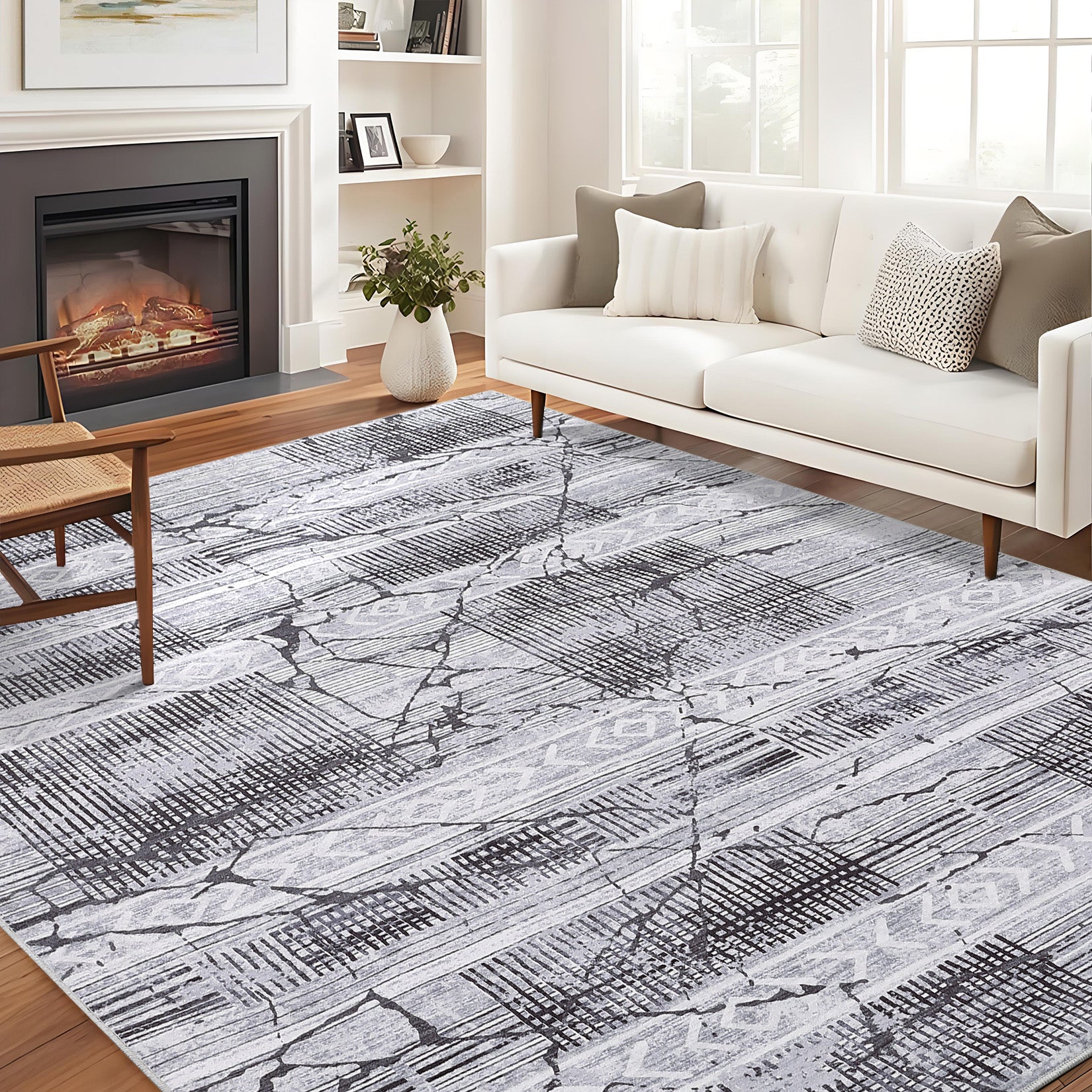 Garvee Boho Light Grey 9x12 Washable Living Room Rugs, Geometric Marble Boho Area Rugs for Bedroom Ultra Thin Non-Slip Large Indoor Rugs Floor Carpet for Dining Room