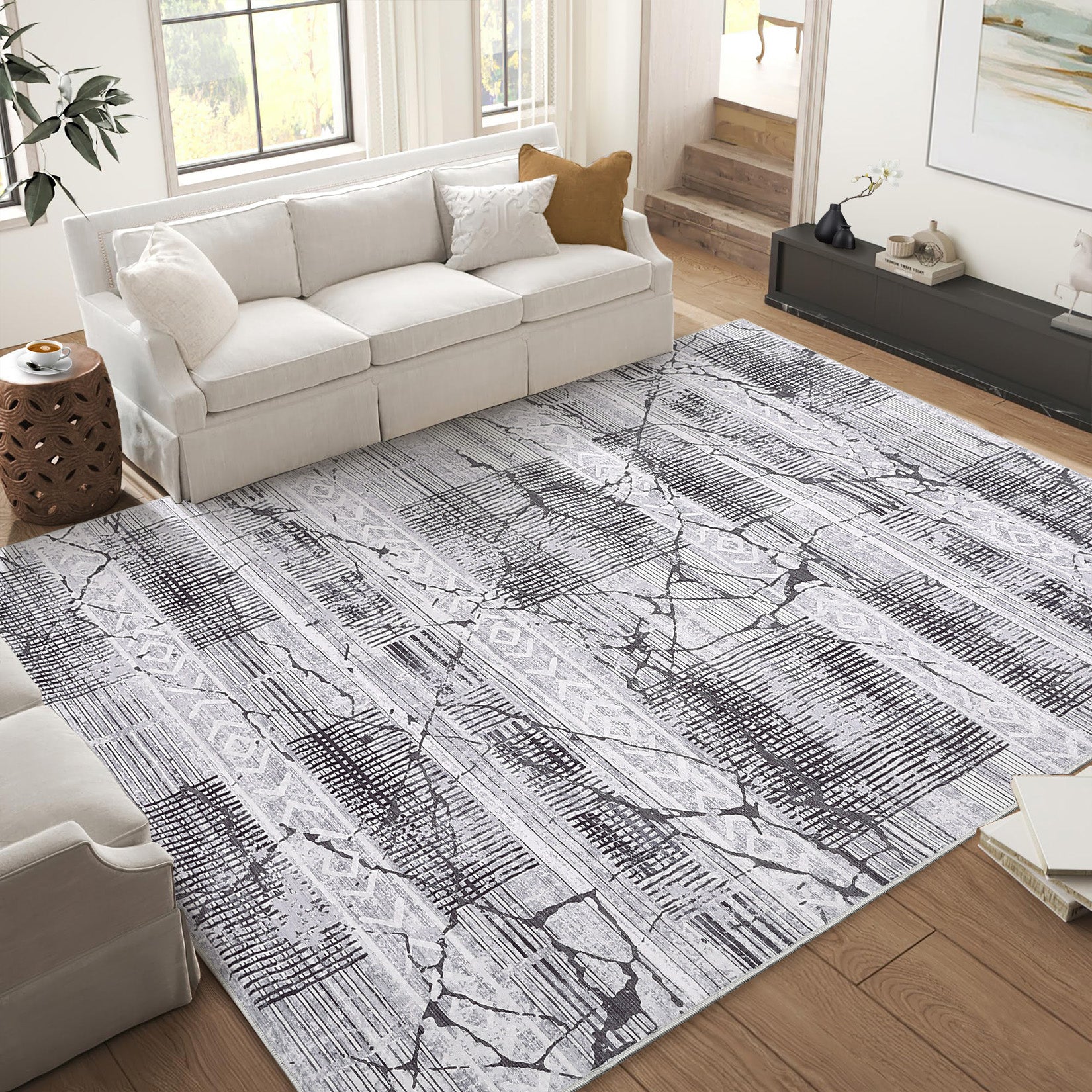 Garvee Boho Light Grey 10x13 Large Living Room Rugs, Geometric Marble Boho Area Rugs for Bedroom Ultra Thin Non-Slip Washable Indoor Rugs Floor Carpet for Dining Room