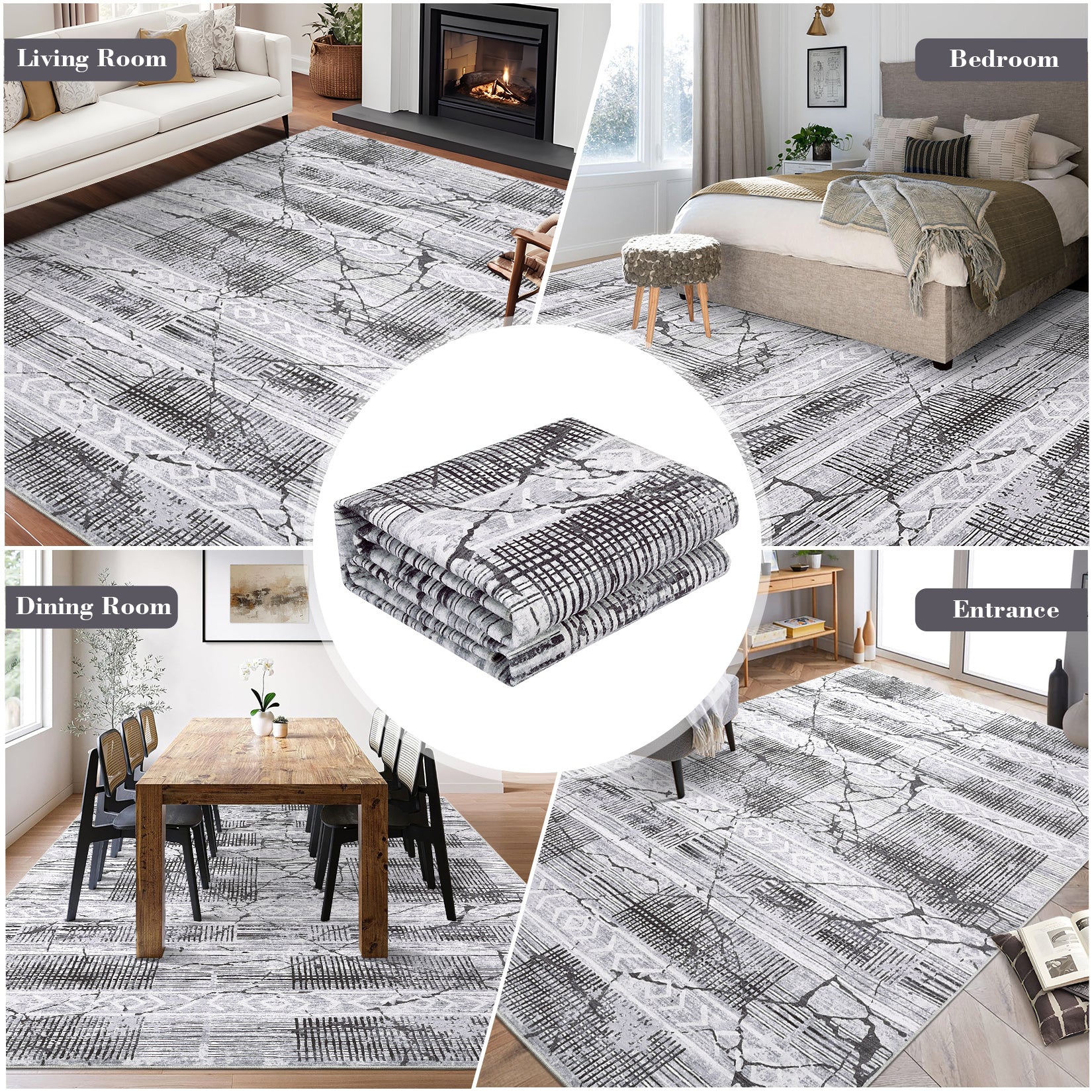 Garvee Boho Light Grey 9x12 Washable Living Room Rugs, Geometric Marble Boho Area Rugs for Bedroom Ultra Thin Non-Slip Large Indoor Rugs Floor Carpet for Dining Room