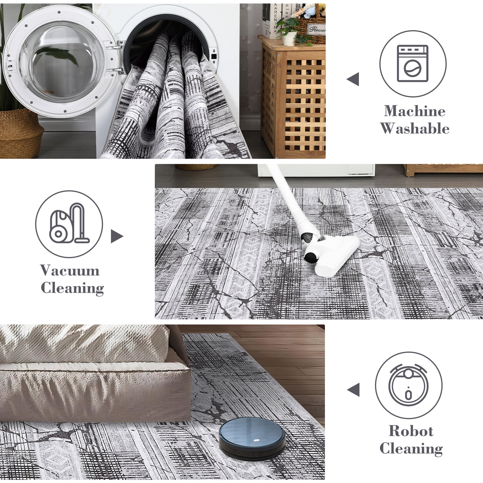 Garvee Boho Light Grey 9x12 Washable Living Room Rugs, Geometric Marble Boho Area Rugs for Bedroom Ultra Thin Non-Slip Large Indoor Rugs Floor Carpet for Dining Room
