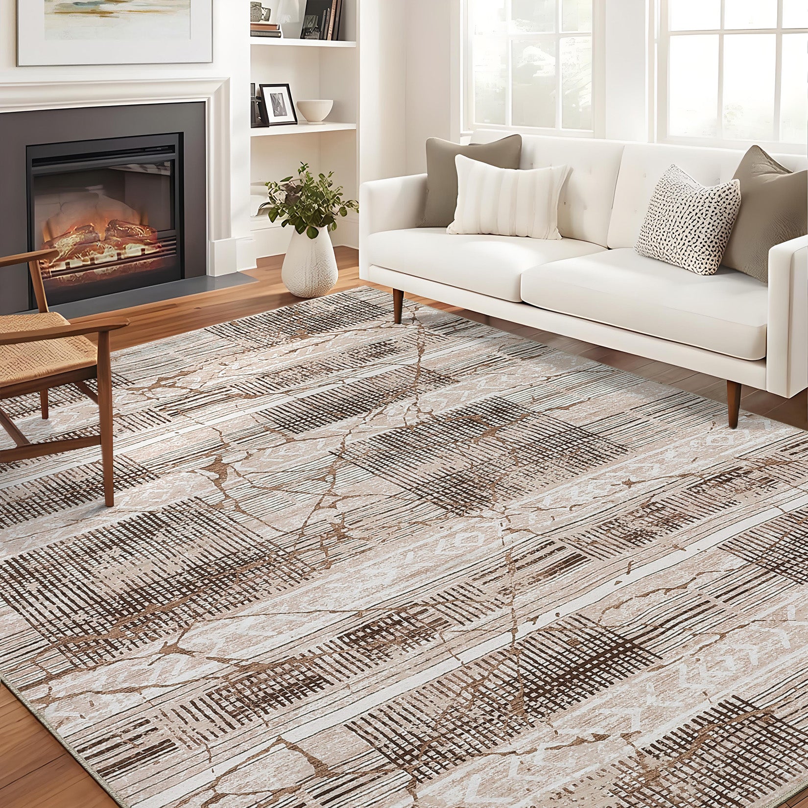 Garvee Boho Light Brown 8x10 Large Living Room Rugs Washable, Geometric Marble Boho Area Rugs for Bedroom Ultra Thin Non-Slip Indoor Rugs Floor Carpet for Dining Room