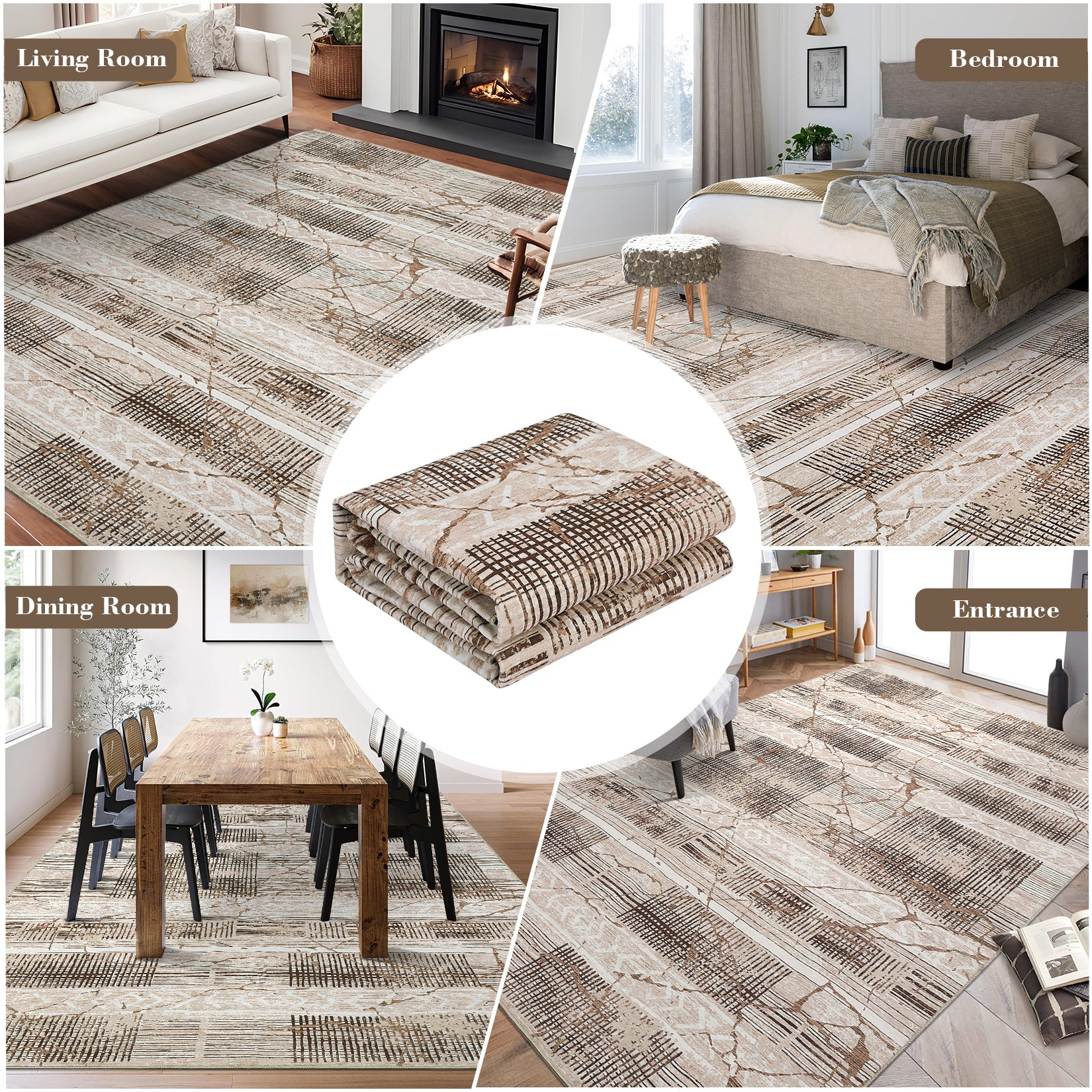 Garvee Boho Light Brown 6x9 Washable Rugs for Living Room, Geometric Marble Boho Area Rugs for Bedroom Ultra Thin Non-Slip Large Indoor Rugs Floor Carpet for Dining Room