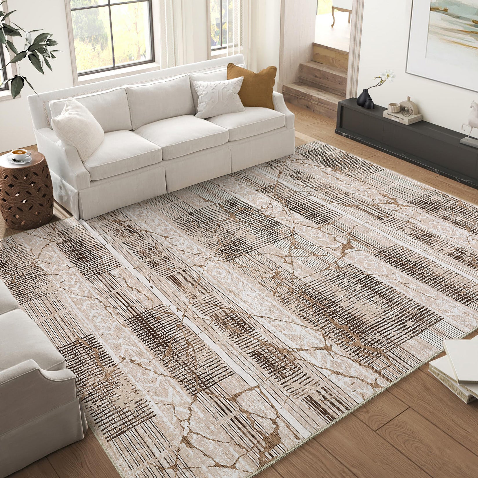 Garvee Boho Light Brown 8x10 Large Living Room Rugs Washable, Geometric Marble Boho Area Rugs for Bedroom Ultra Thin Non-Slip Indoor Rugs Floor Carpet for Dining Room
