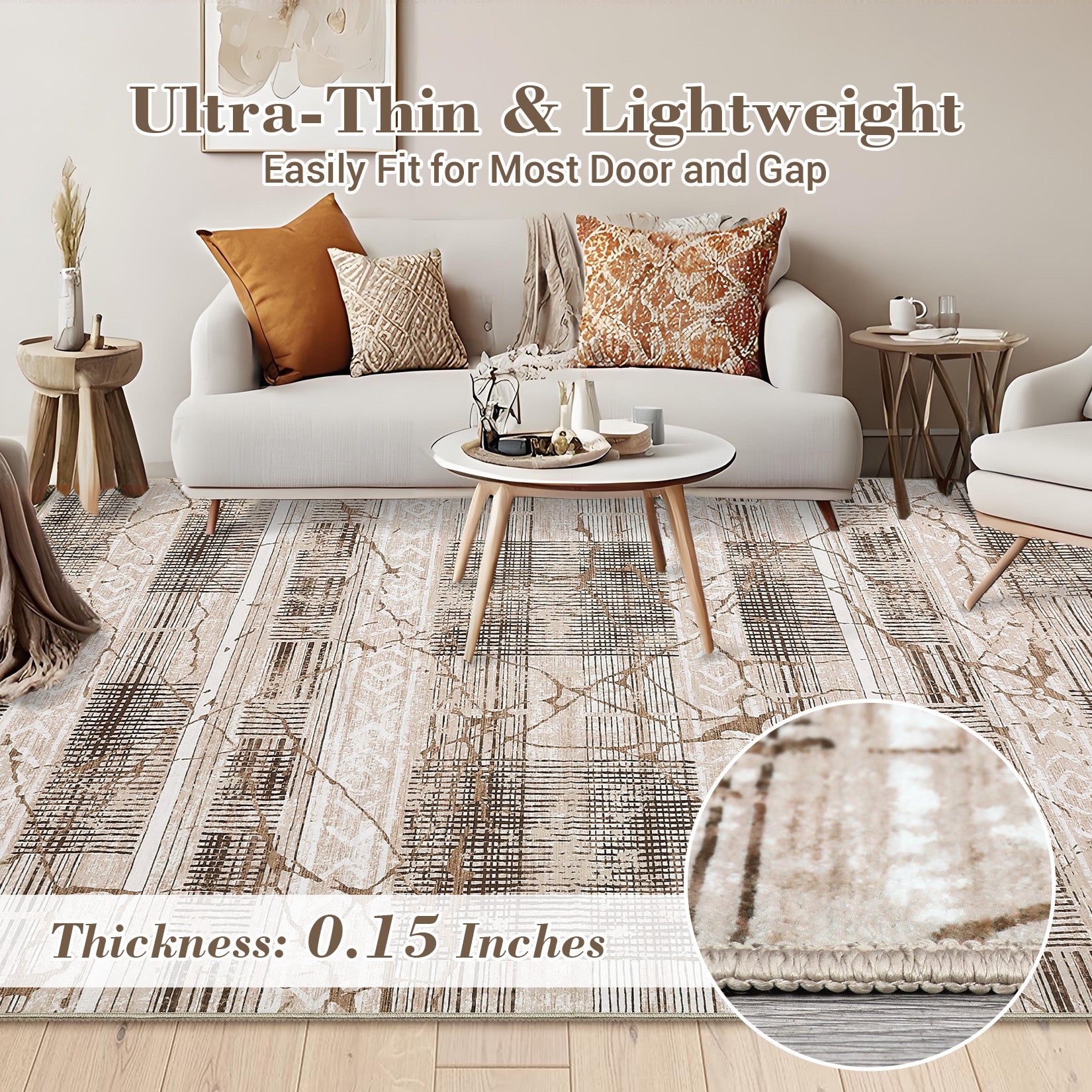 Garvee Boho Light Brown 8x10 Large Living Room Rugs Washable, Geometric Marble Boho Area Rugs for Bedroom Ultra Thin Non-Slip Indoor Rugs Floor Carpet for Dining Room