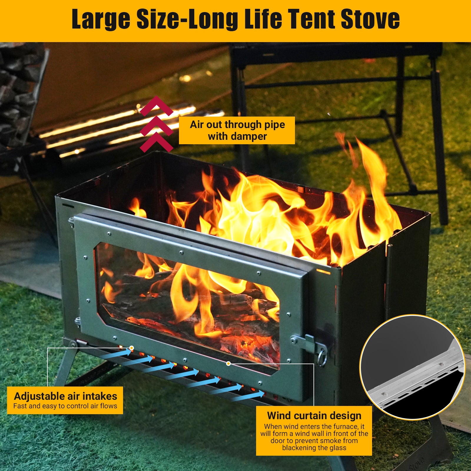 Garvee Portable Hot Tent Stove,Wood Burning Stove for Camping, Tent Stove With View Glass, Large Stainless Steel Camping Stove With 5 Chimney Pipes for Outdoor Heating and Cooking