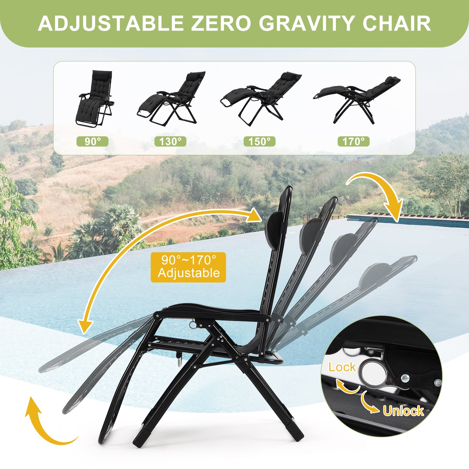 Garvee Zero Gravity Lounge Chair, 33'' Recliner Chair with Removable Cushion, Headrest, Footrest, and Cup Holder, Adjustable Folding Chairs for Outside and Inside, Black