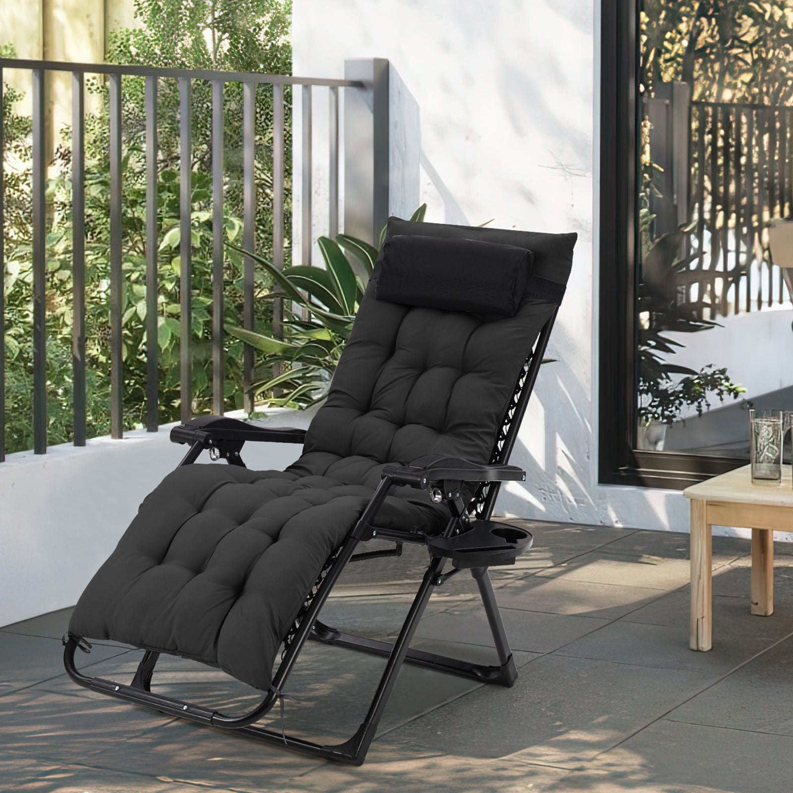 Garvee Zero Gravity Lounge Chair, 33'' Recliner Chair with Removable Cushion, Headrest, Footrest, and Cup Holder, Adjustable Folding Chairs for Outside and Inside, Black
