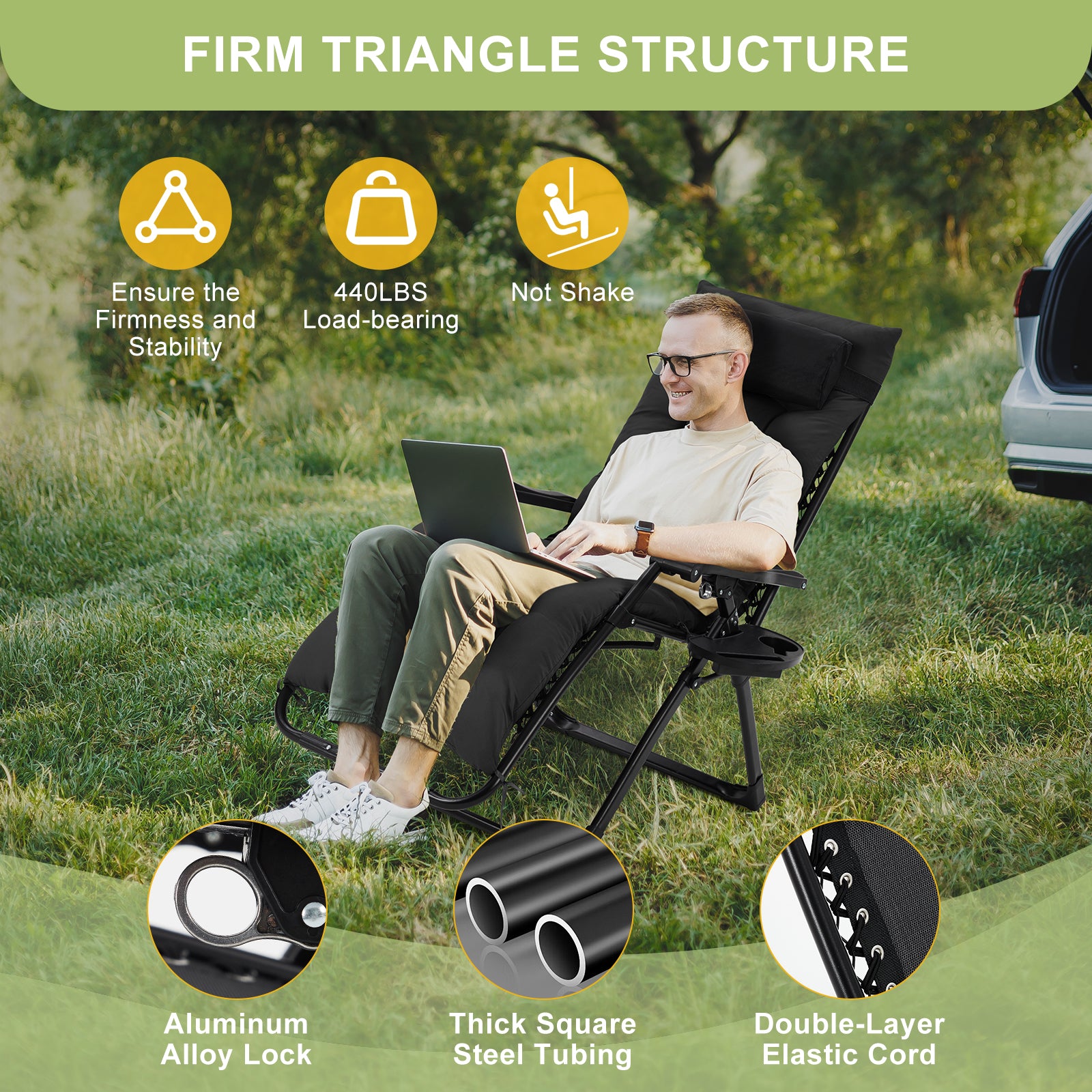 Garvee Zero Gravity Lounge Chair, 33'' Recliner Chair with Removable Cushion, Headrest, Footrest, and Cup Holder, Adjustable Folding Chairs for Outside and Inside, Black