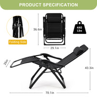 Garvee Zero Gravity Lounge Chair, 33'' Recliner Chair with Removable Cushion, Headrest, Footrest, and Cup Holder, Adjustable Folding Chairs for Outside and Inside, Black
