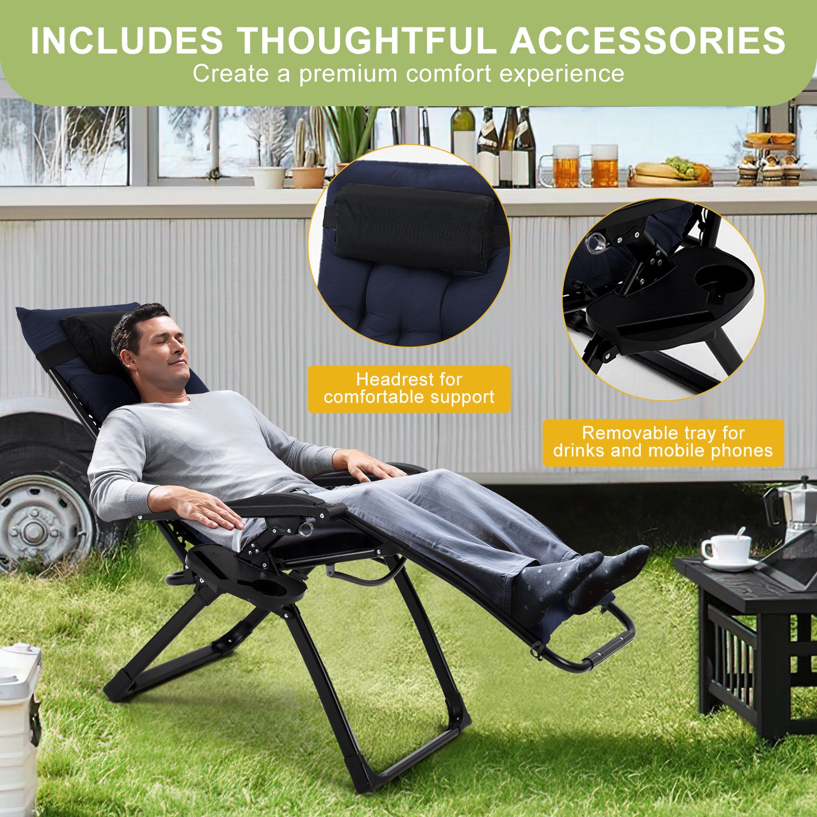 Garvee Zero Gravity Lounge Chair, 29‘’ Recliner Chair with Removable Cushion, Headrest, Footrest, and Cupholder, Adjustable Folding Chairs for Outside and Inside, Blue
