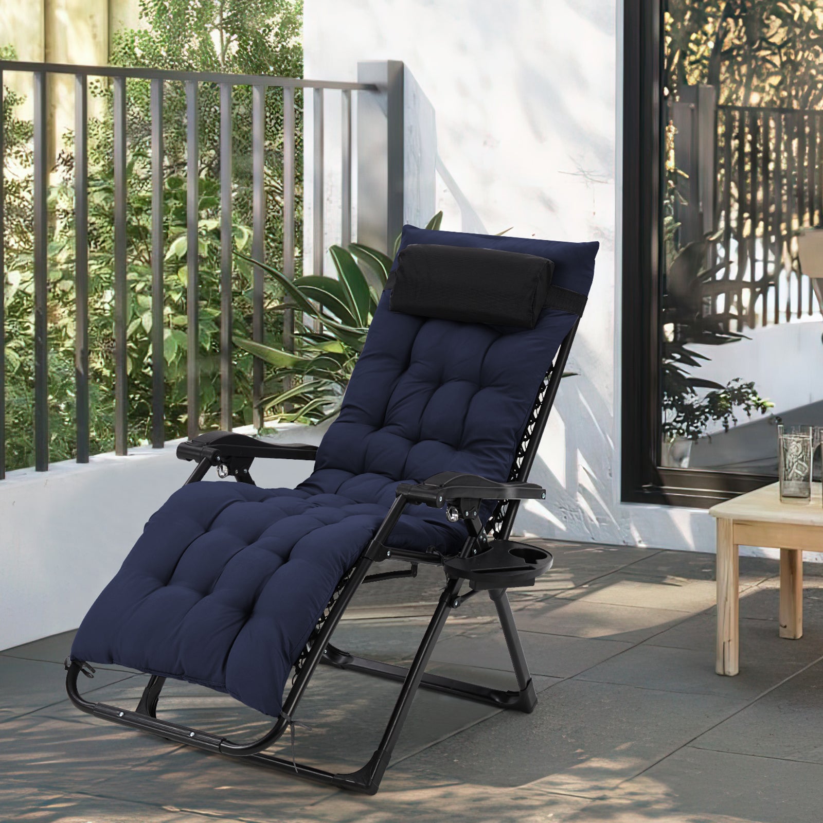 Garvee Zero Gravity Lounge Chair, 29‘’ Recliner Chair with Removable Cushion, Headrest, Footrest, and Cupholder, Adjustable Folding Chairs for Outside and Inside, Blue