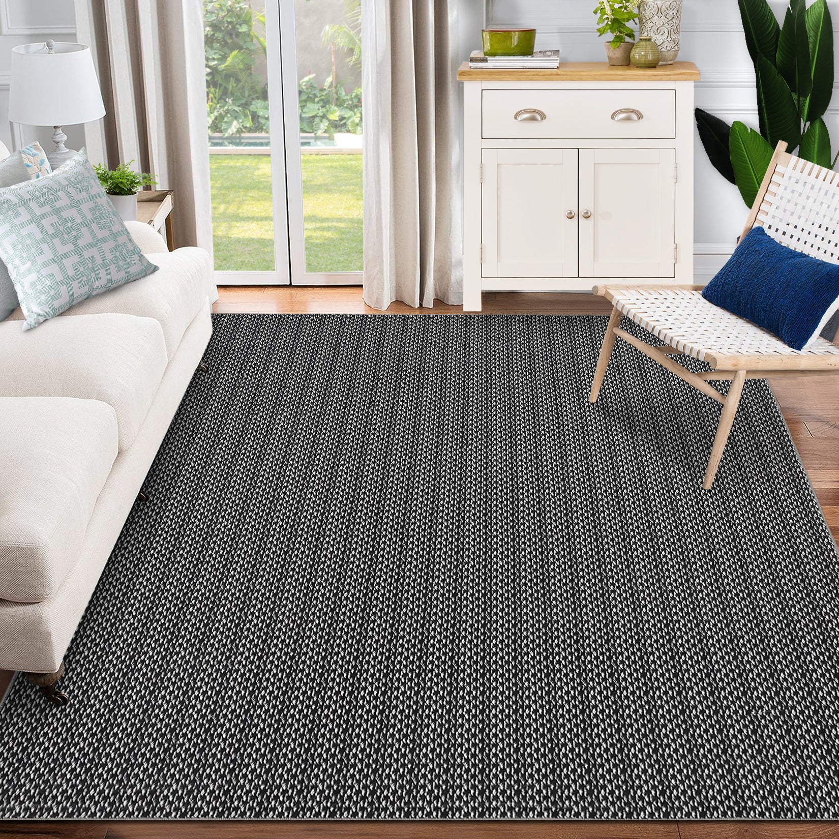 Garvee Washable Area Rugs 10x13 Large Modern Printed Accent Carpet with Non-Slip Backing, Non-Shedding Contemporary Woven-Style Living Room Rugs for Bedroom, Office, Black