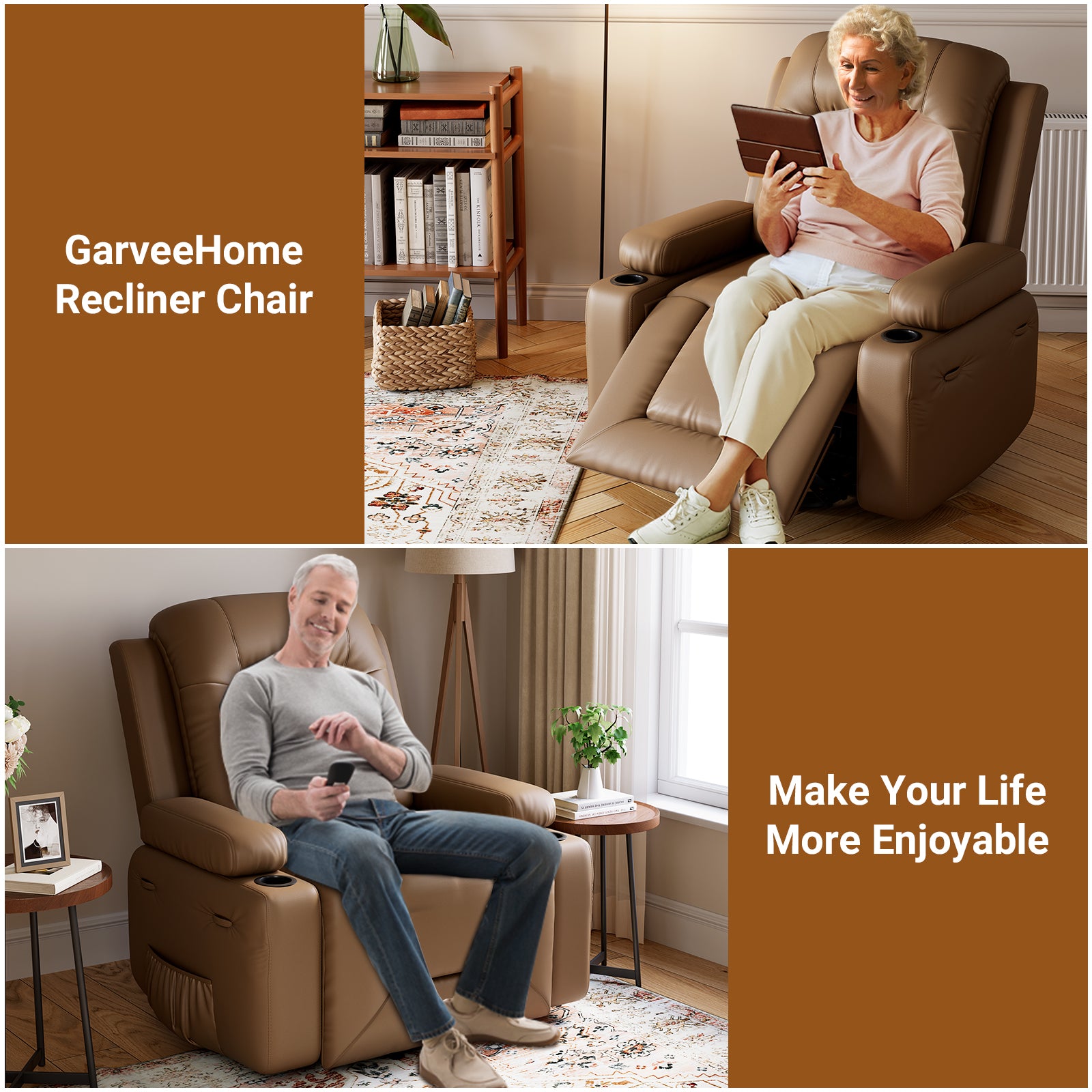 Garvee Leather Power Lift Recliner Chair with Heat & Massage, 8-Point Vibration, Remote Control & Cup Holders, Electric Lift Chair Designed for Mobility Aid Elderly Relaxation, Tan