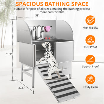 Garvee Professional Dog Grooming Tub, Stainless Steel Dog Wash Station with Foldable Ramp, Storage Drawer, Floor Grate & Faucet/Dog Bathtub for Large, Medium & Small Pets - Left Door (38")