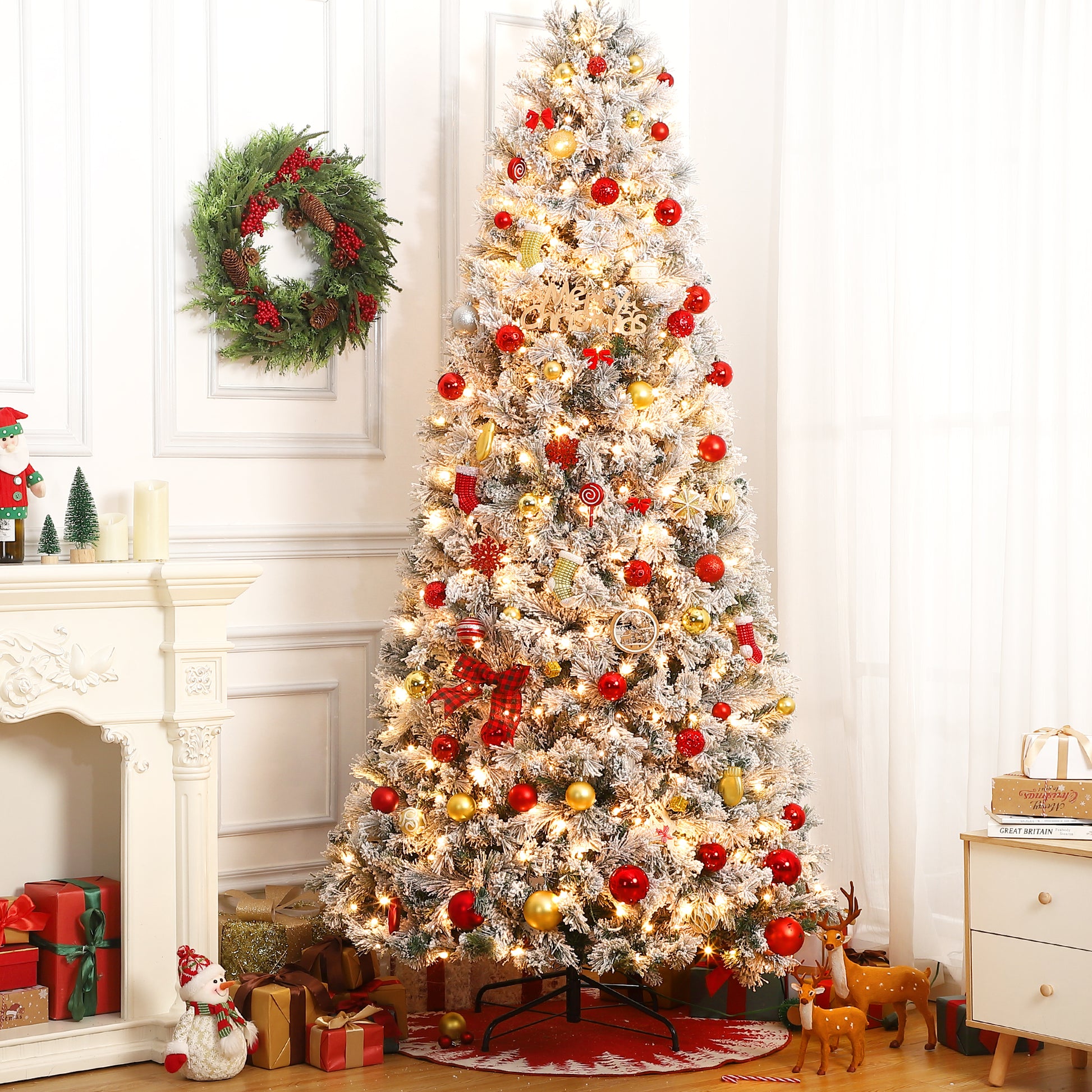Garvee 7.5ft Pre-Lit Snow Flocked Christmas Tree, Large Xmas Tree with 350 Dual Color Led Lights, Foldable Metal Base, Artificial Christmas Tree for Home Party Holiday Decoration