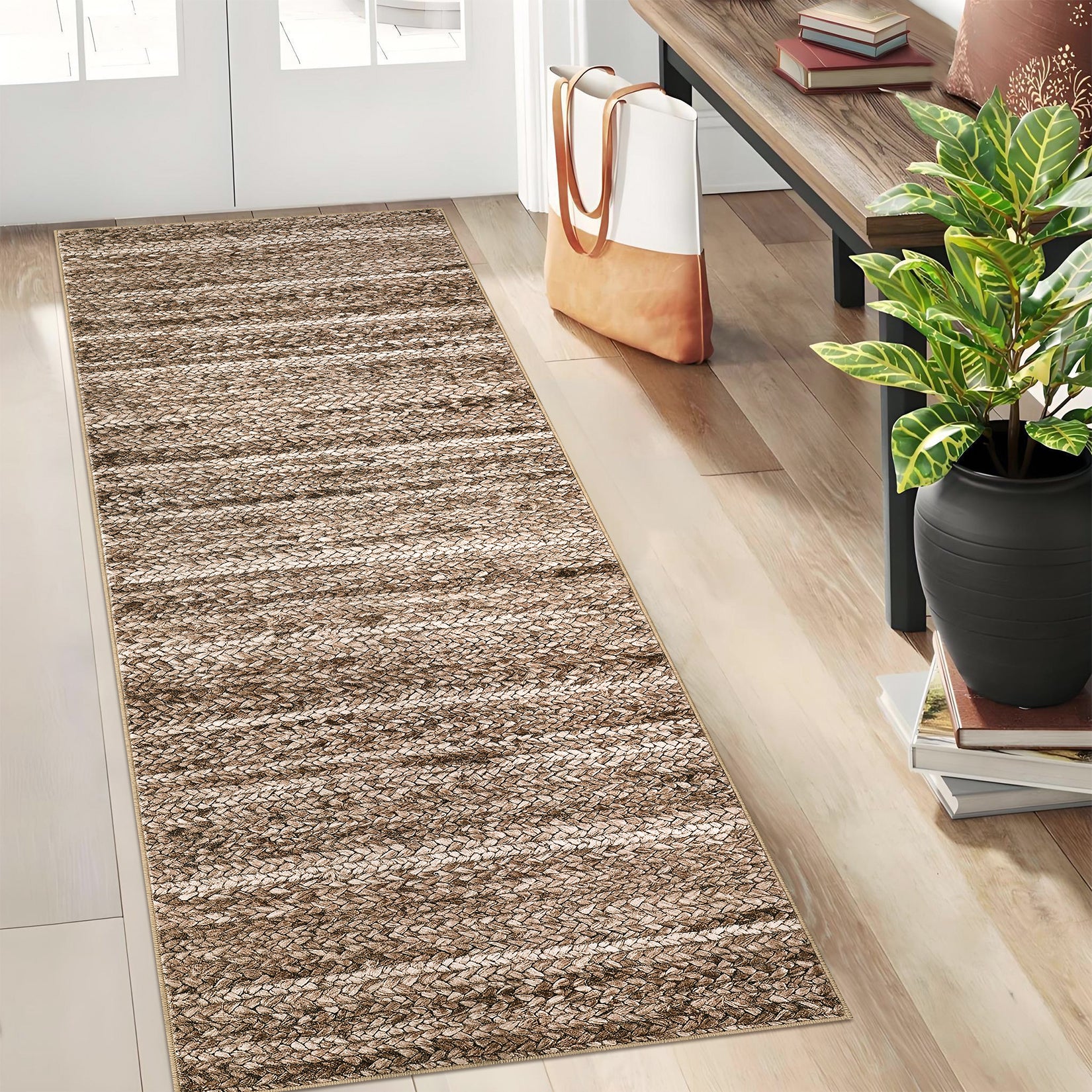 Garvee Modern Brown 2x6 Runner Rug Washable Modern Braided Print Rug Low Pile Kitchen Runner Rug Non Slip Bathroom Throw Rug Ultra-Thin Lightweight Indoor Modern Rug Foldable Rug for Hallway Entrance