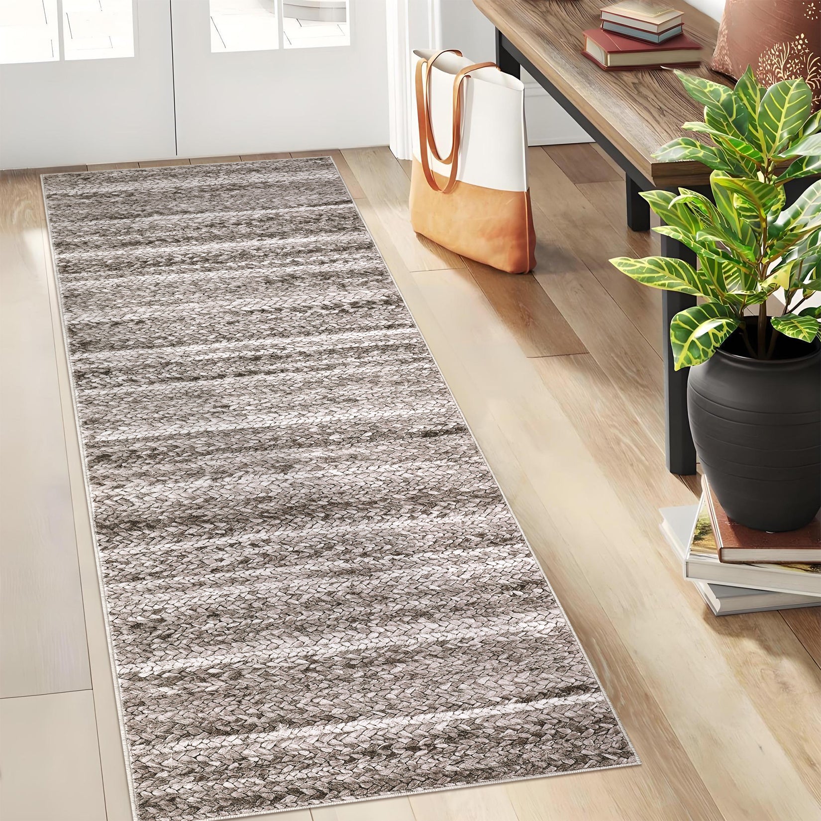 Garvee Modern Grey Camel 2x6 Runner Washable Rug Non Slip Entryway Rug Low Pile Kitchen Rug Bath Rug Hallway Rug Modern Accent Rug Contemporary Faux Woven Indoor Printed Rug for Office Bedroom