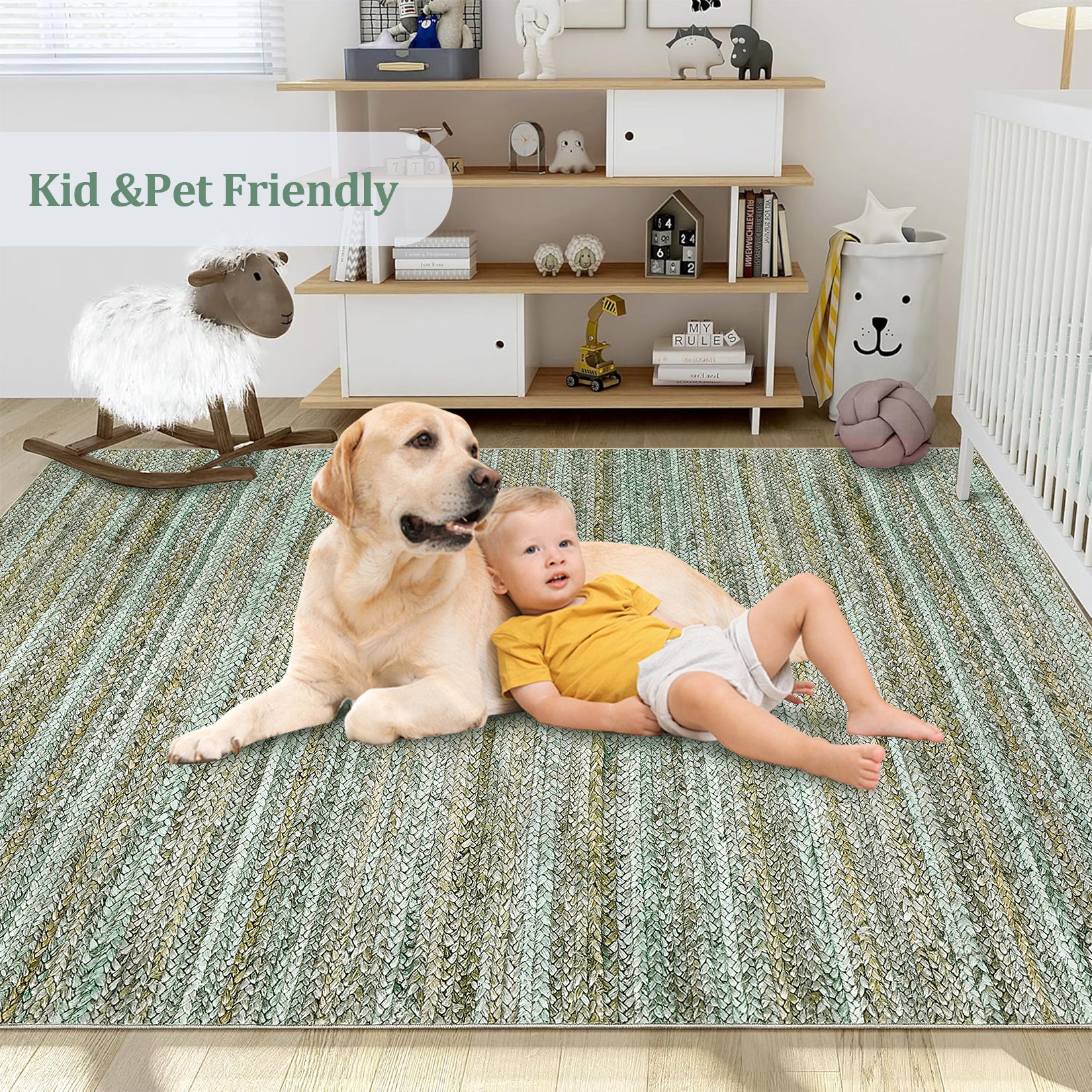 Garvee Modern Green Camel 5x7 Washable Area Rug for Bedroom Living Room Cream Rug Modern Indoor Accent Rug Low Pile Dining Room Rug Non Slip Kitchen Rug Contemporary Woven Printed Rug Foldable Rug