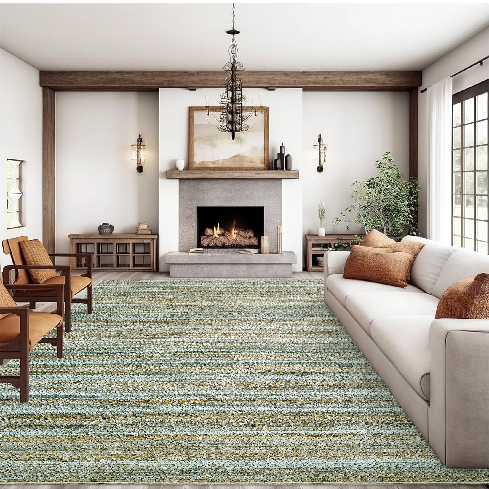 Garvee Modern Green Camel 5x7 Washable Area Rug for Bedroom Living Room Cream Rug Modern Indoor Accent Rug Low Pile Dining Room Rug Non Slip Kitchen Rug Contemporary Woven Printed Rug Foldable Rug