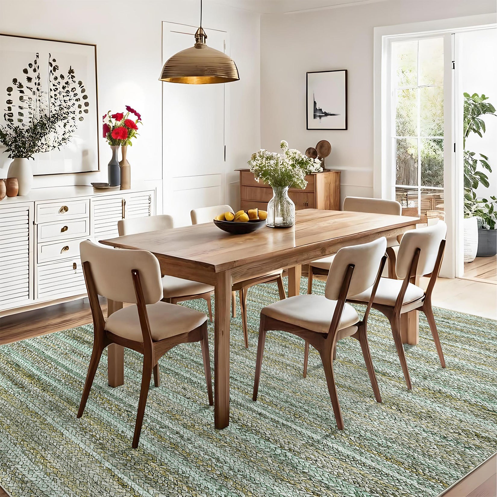 Garvee Modern Green Camel 5x7 Washable Area Rug for Bedroom Living Room Cream Rug Modern Indoor Accent Rug Low Pile Dining Room Rug Non Slip Kitchen Rug Contemporary Woven Printed Rug Foldable Rug