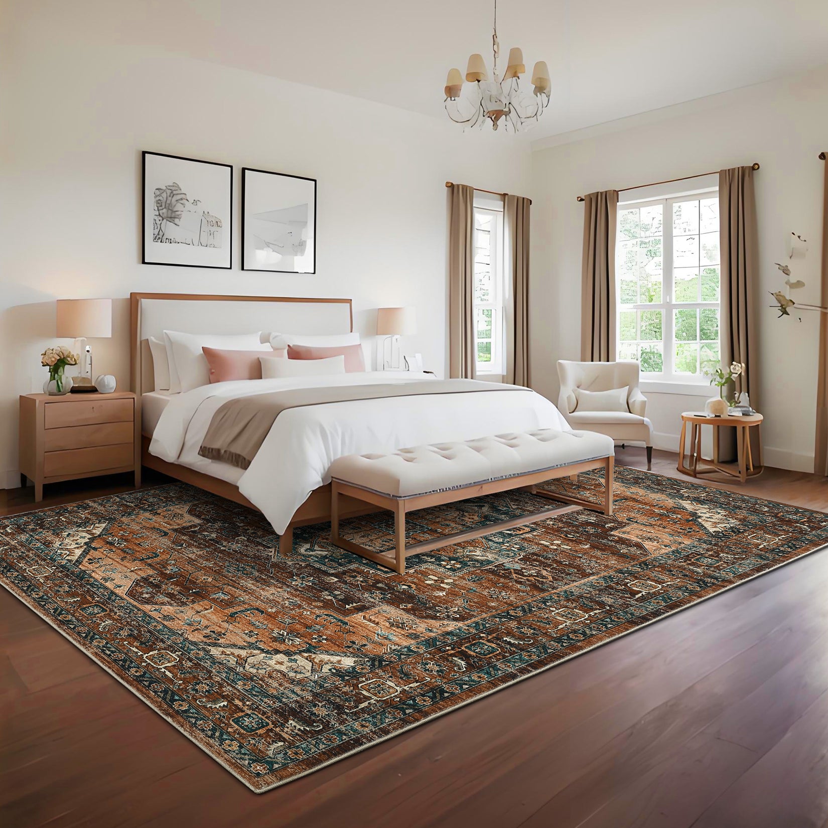 Garvee Persian Brown 8x10 Area Rugs, Machine Washable Vintage Printed Soft Low Pile Rugs, Oriental Accent Carpet with Non-Slip Backing, Stain-Resistant Distressed Floor Carpet for Living Room, Hallway, Laundry
