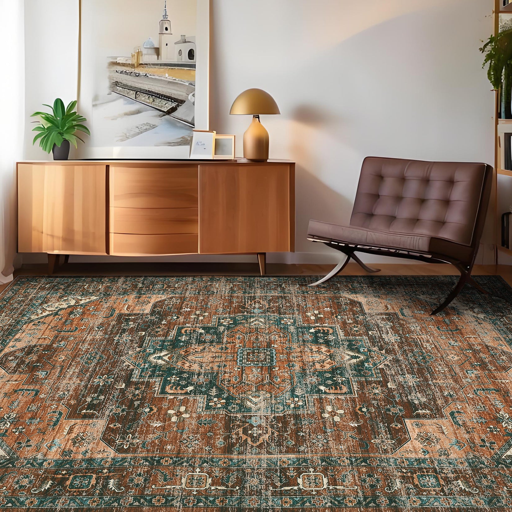 Garvee Persian Brown 8x10 Area Rugs, Machine Washable Vintage Printed Soft Low Pile Rugs, Oriental Accent Carpet with Non-Slip Backing, Stain-Resistant Distressed Floor Carpet for Living Room, Hallway, Laundry