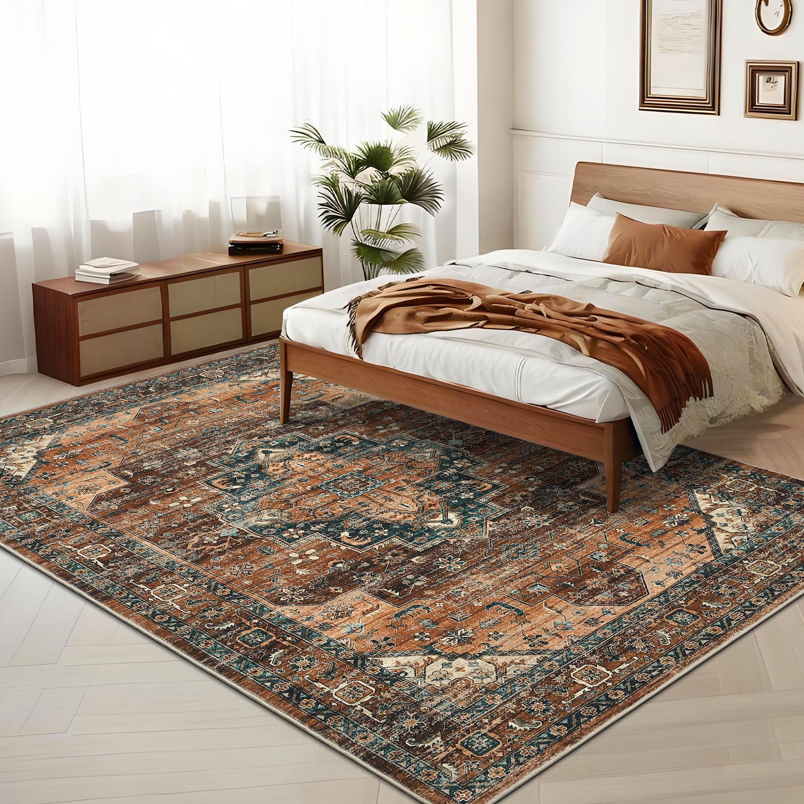 Garvee Persian Brown 5x7 Area Rugs, Machine Washable Vintage Printed Soft Low Pile Rugs, Oriental Accent Carpet with Non-Slip Backing, Stain-Resistant Distressed Floor Carpet for Living Room, Hallway, Laundry