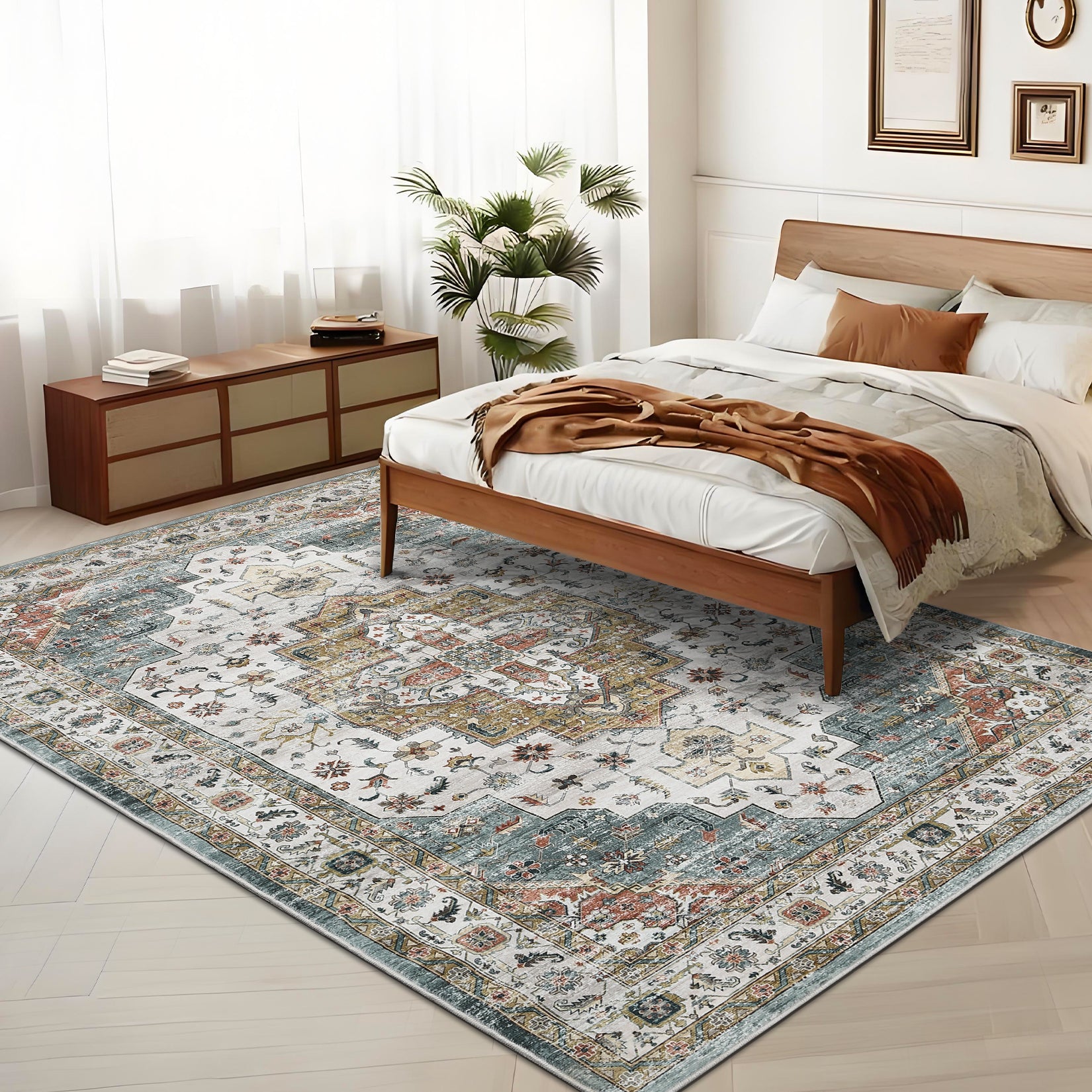 Garvee Persian Camel Green 5x7 Vintage Machine Washable Area Rug – Non-Slip, Stain-Resistant Oriental Low-Pile Carpet, Distressed Accent Rug for Bedroom, Office, Laundry, Camel Green
