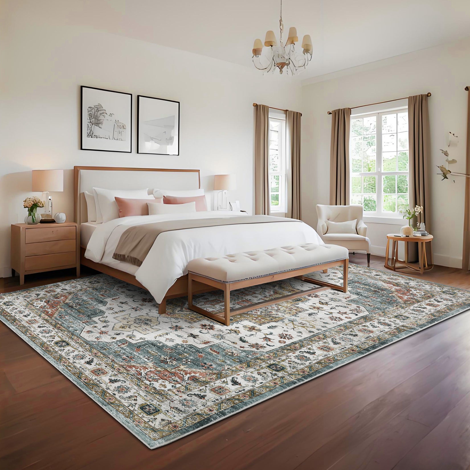 Garvee Persian Camel Green 4x6 Area Rugs, Machine Washable Vintage Printed Soft Low Pile Rugs, Oriental Accent Carpet with Non-Slip Backing, Stain-Resistant Distressed Floor Carpet for Living Room, Hallway, Laundry