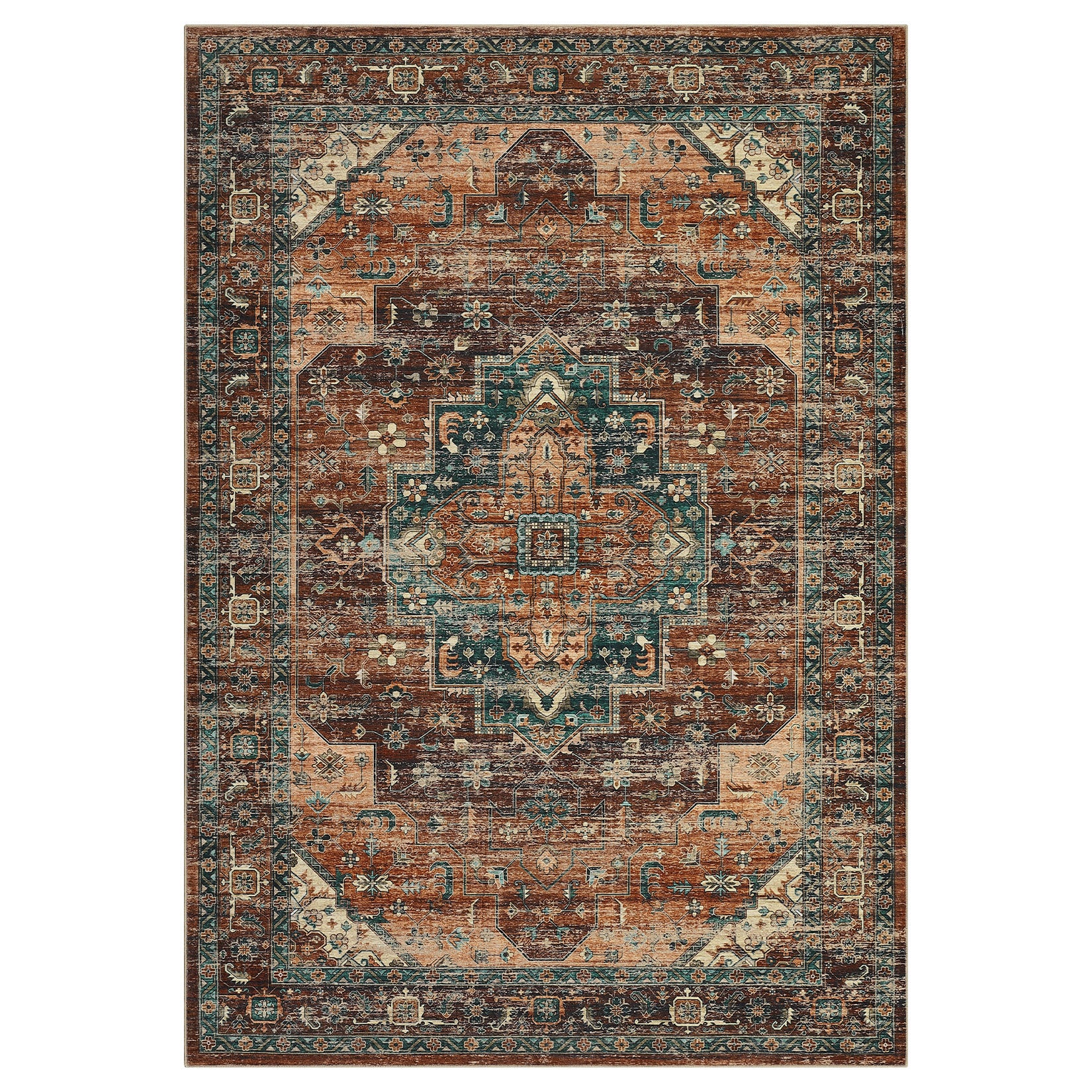 Garvee Persian Brown 8x10 Area Rugs, Machine Washable Vintage Printed Soft Low Pile Rugs, Oriental Accent Carpet with Non-Slip Backing, Stain-Resistant Distressed Floor Carpet for Living Room, Hallway, Laundry