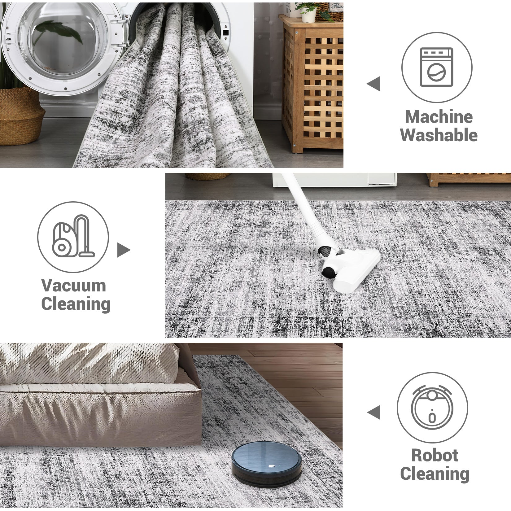 Garvee Persian Grey 8x10 Washable Area Rugs, Soft Vintage Distressed Large Living Room Rug Retro Farmhouse Non Slip Low Pile Indoor Foldable Carpet for Bedroom Dining Room Office