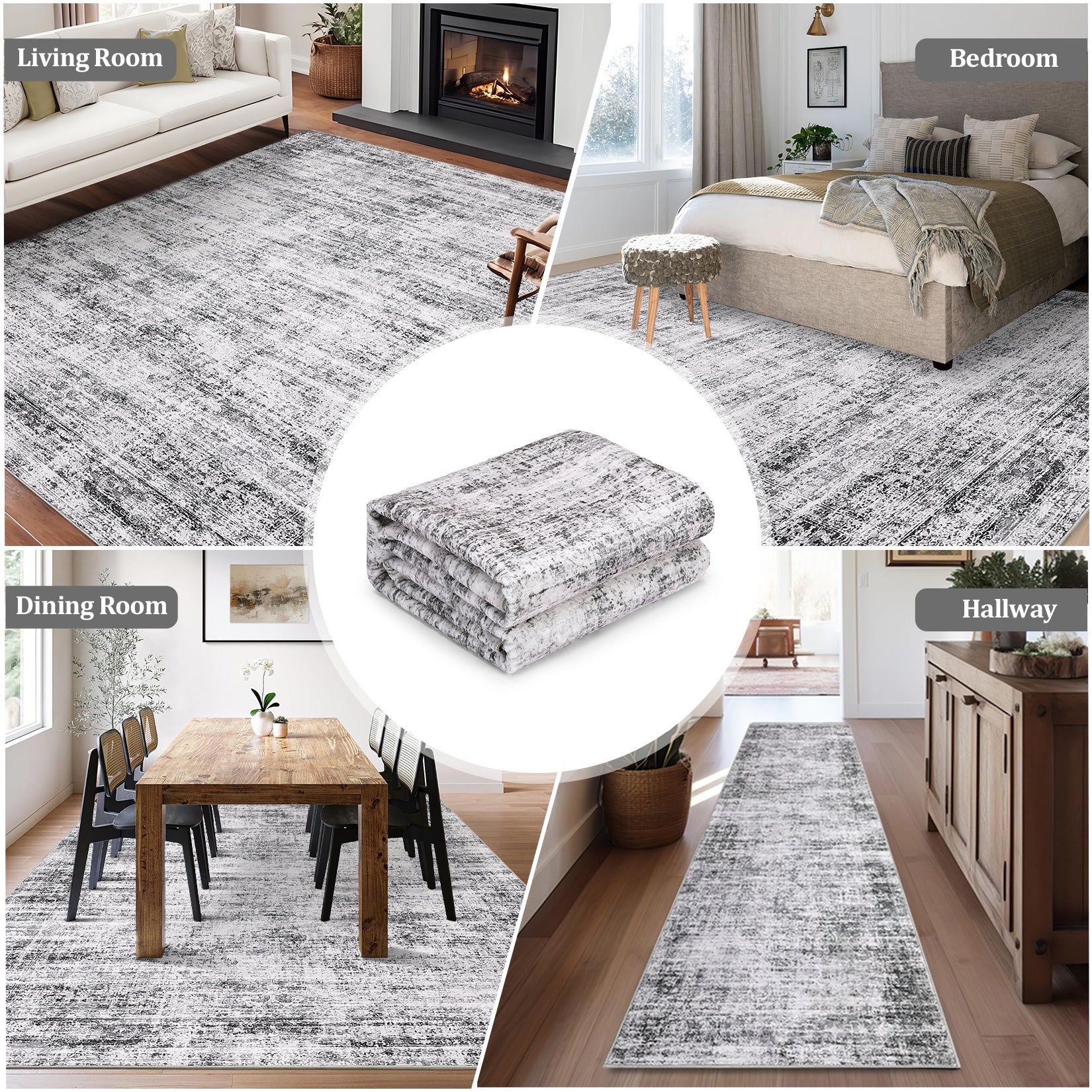 Garvee Persian Grey 9x12 Washable Area Rug for Living Room, Soft Vintage Distressed Large Bedroom Rug Retro Farmhouse Non Slip Low Pile Indoor Foldable Carpet for Dining Room Office