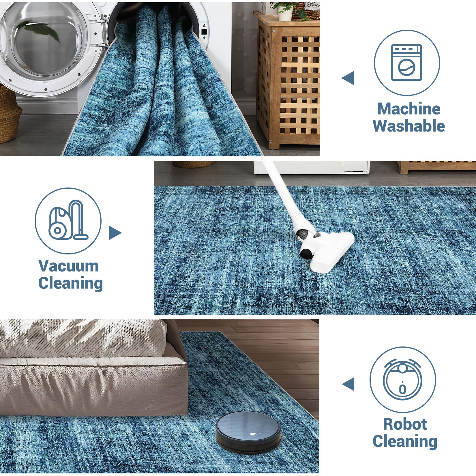 Garvee Persian Blue 5x7 Area Washable Rugs, Soft Vintage Distressed Large Living Room Rug Retro Farmhouse Non Slip Indoor Foldable Thin Carpet for Bedroom Dining Room Office