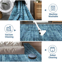 Garvee Persian Blue 9x12 Washable Area Rug for Living Room, Soft Vintage Distressed Large Bedroom Rug Retro Farmhouse Non Slip Low Pile Indoor Foldable Carpet for Dining Room Office