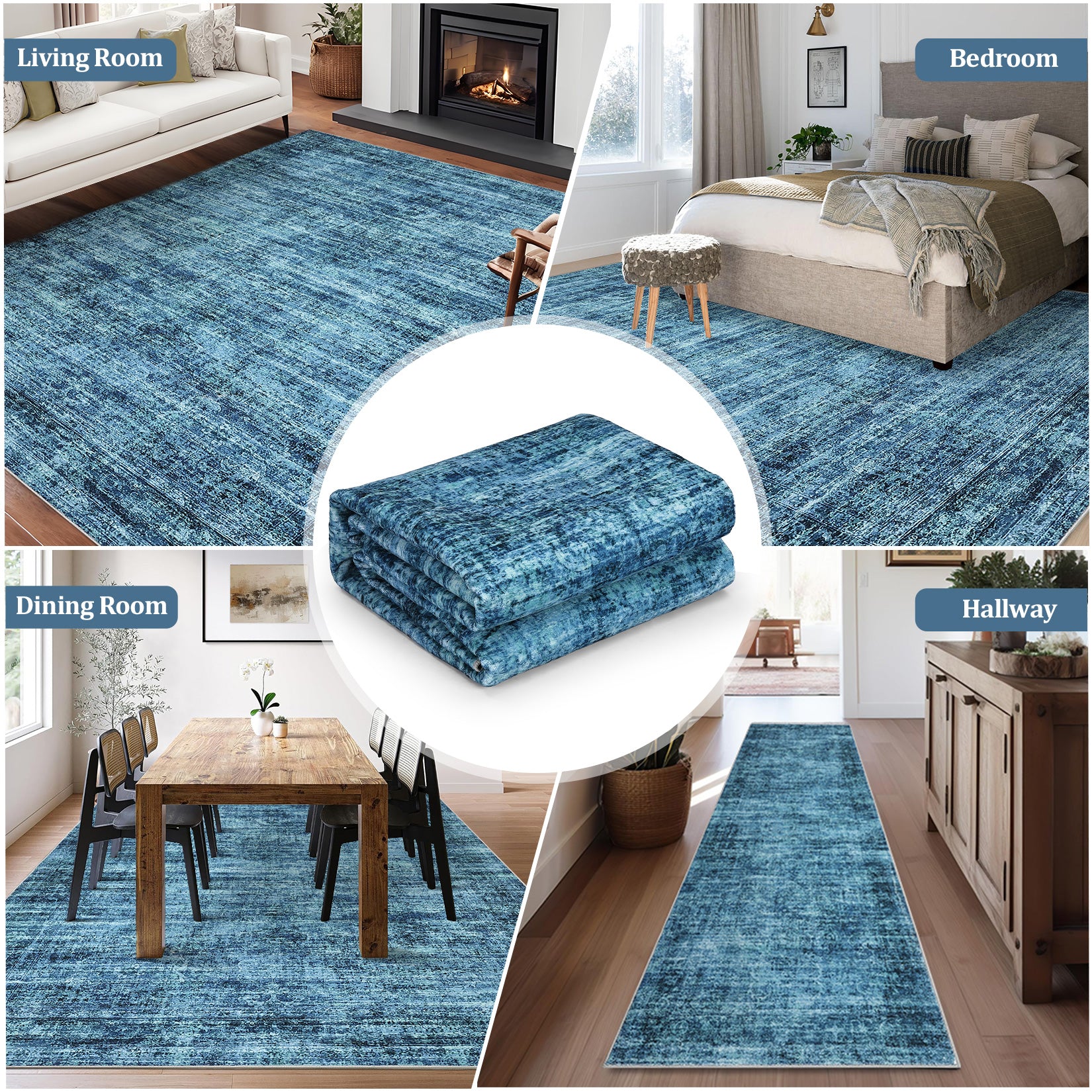 Garvee Persian Blue 8x10 Washable Area Rug, Soft Vintage Distressed Large Living Room Rug Retro Farmhouse Non Slip Low Pile Indoor Foldable Carpet for Bedroom Dining Room Office
