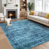 Garvee Persian Blue 9x12 Washable Area Rug for Living Room, Soft Vintage Distressed Large Bedroom Rug Retro Farmhouse Non Slip Low Pile Indoor Foldable Carpet for Dining Room Office - Blue