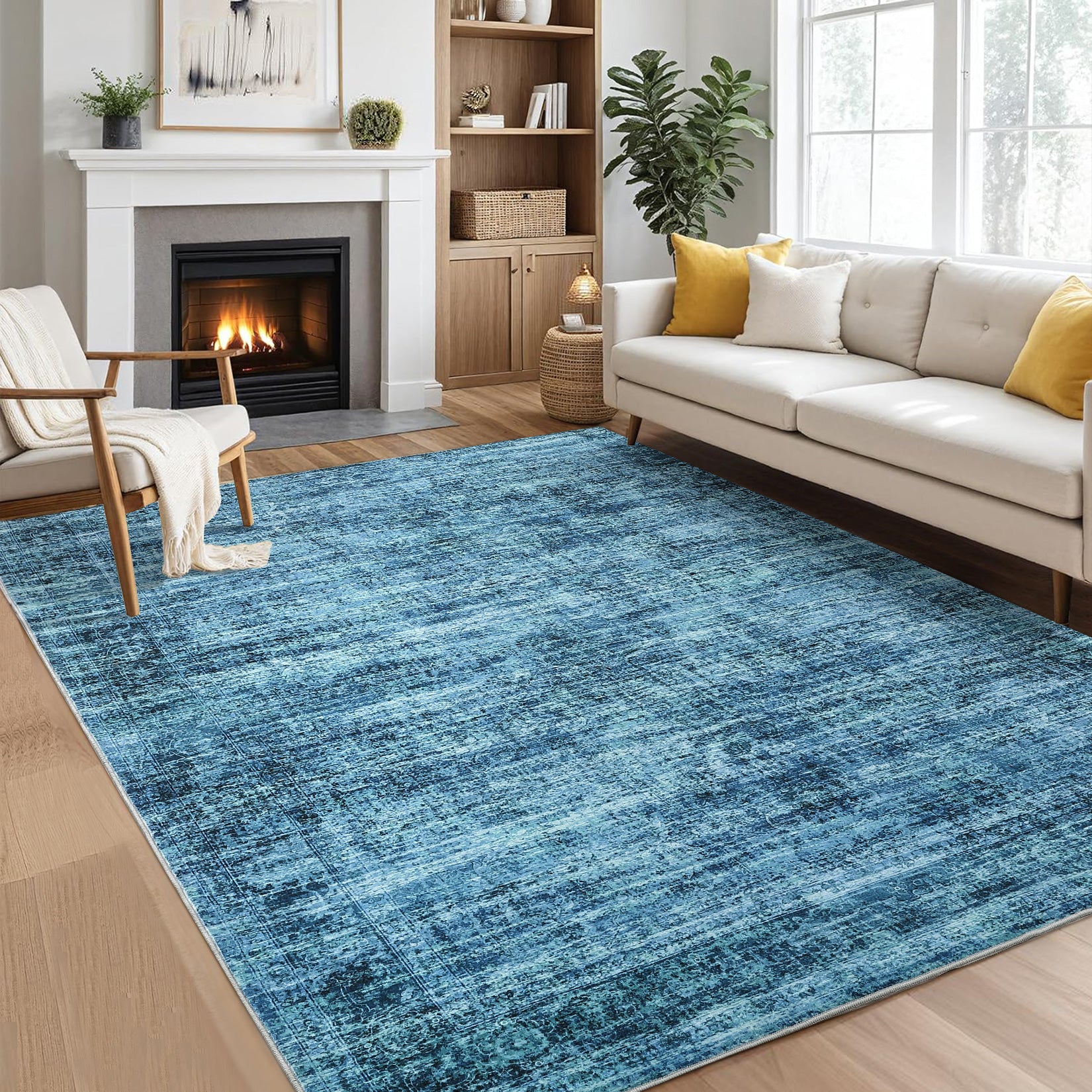 Garvee Persian Blue 9x12 Washable Area Rug for Living Room, Soft Vintage Distressed Large Bedroom Rug Retro Farmhouse Non Slip Low Pile Indoor Foldable Carpet for Dining Room Office
