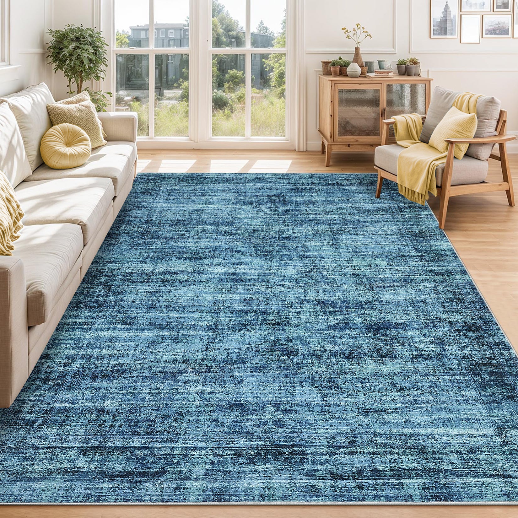 Garvee Persian Blue 9x12 Washable Area Rug for Living Room, Soft Vintage Distressed Large Bedroom Rug Retro Farmhouse Non Slip Low Pile Indoor Foldable Carpet for Dining Room Office