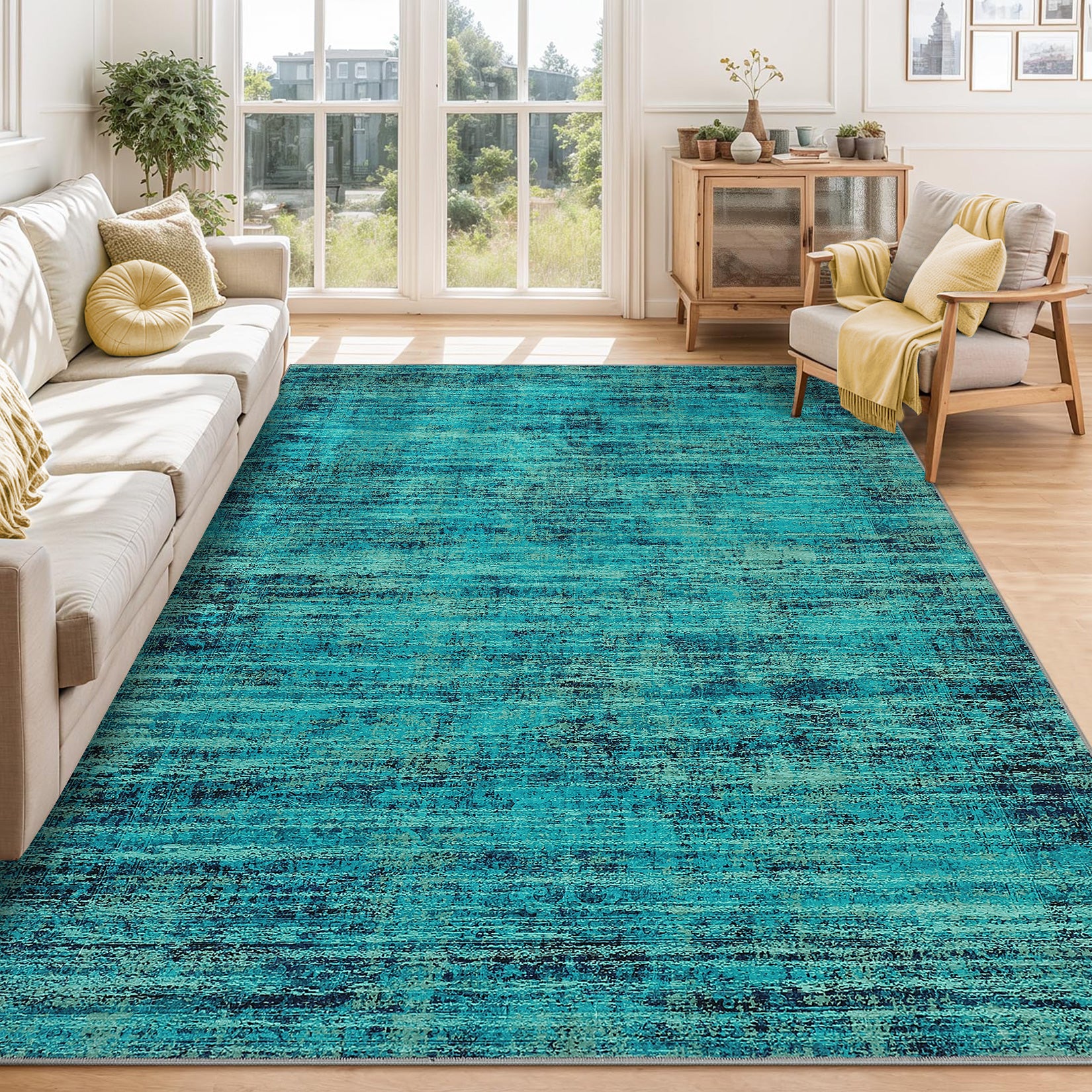 Garvee Persian Green Pine 8x10 Washable Area Rug for Living Room, Soft Vintage Distressed Large Bedroom Rug Retro Farmhouse Non Slip Low Pile Indoor Foldable Carpet for Dining Room Office