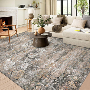 Garvee Washable Area Rugs for Living Room, 5x7 Soft Vintage Bedroom Rug Foldable Non-Slip Low Pile Area Rug Farmhouse Throw Carpet for Dining Room Home (Taupe, 5'x7')