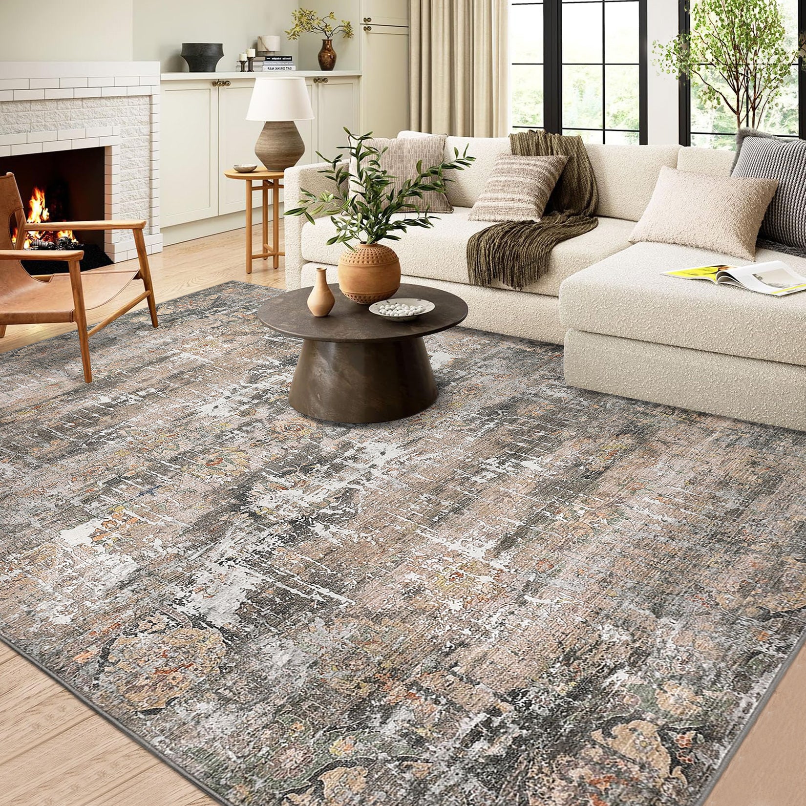 Garvee Washable Area Rugs for Living Room, 5x7 Soft Vintage Bedroom Rug Foldable Non-Slip Low Pile Area Rug Farmhouse Throw Carpet for Dining Room Home (Taupe, 5'x7')