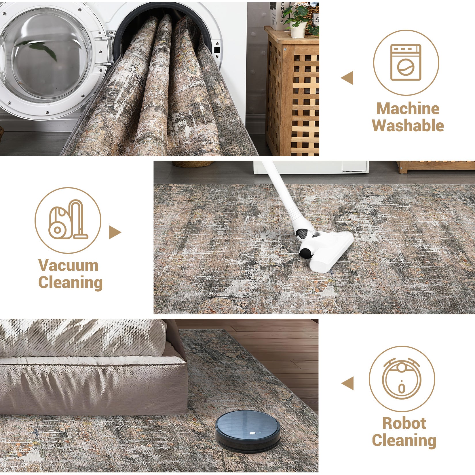 Garvee Washable Area Rugs for Living Room, 5x7 Soft Vintage Bedroom Rug Foldable Non-Slip Low Pile Area Rug Farmhouse Throw Carpet for Dining Room Home (Taupe, 5'x7')